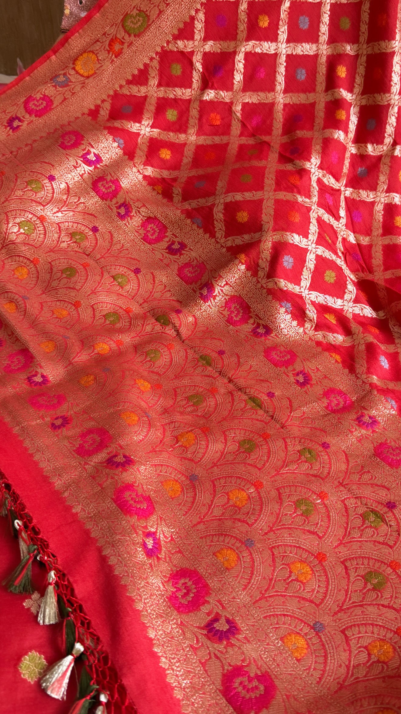 Moonga silk meenakari chaukadi duppata kadhwa jungla suit set