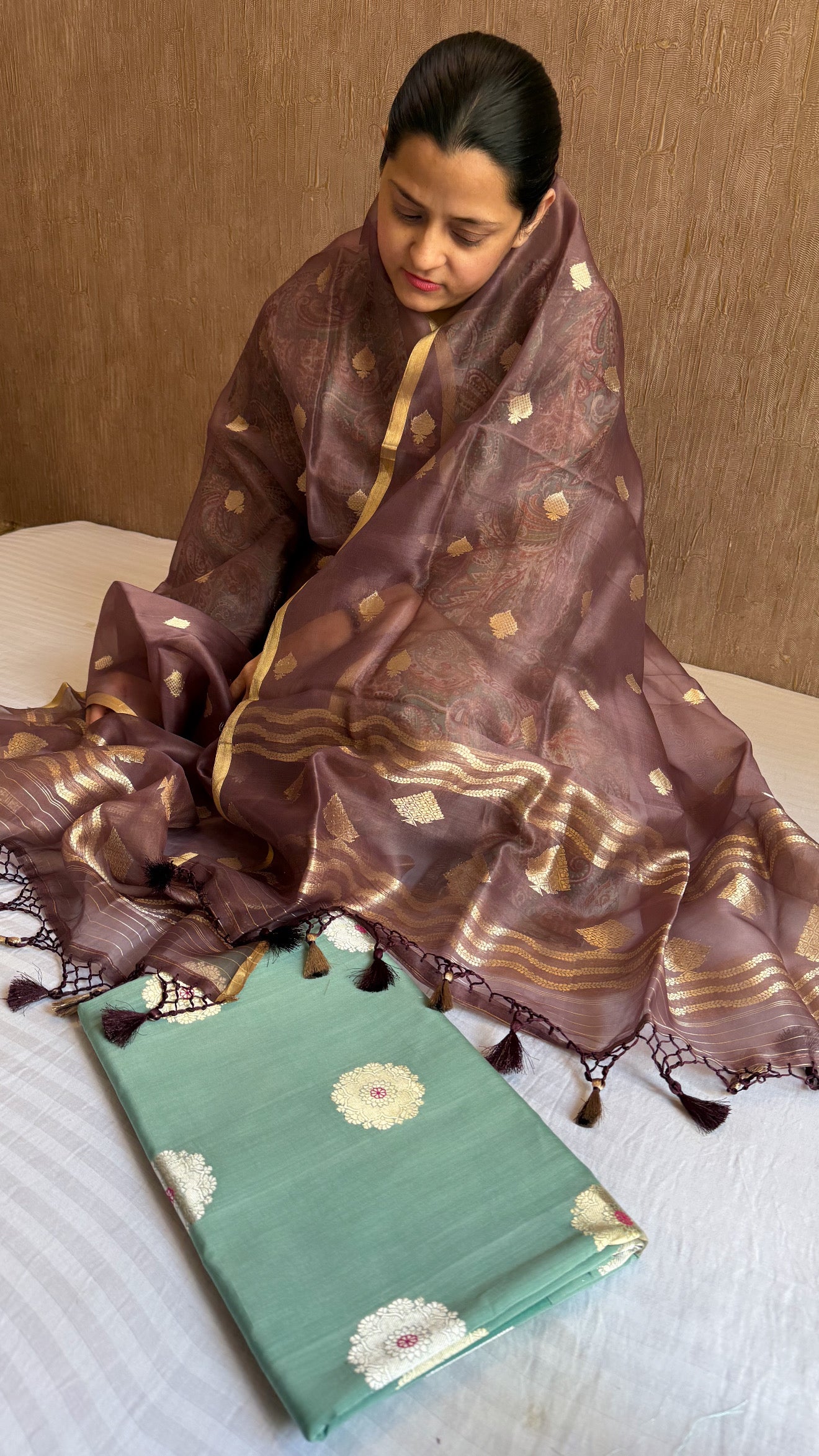 Banarasi crayon green-brown chiniya silk contrast suit set