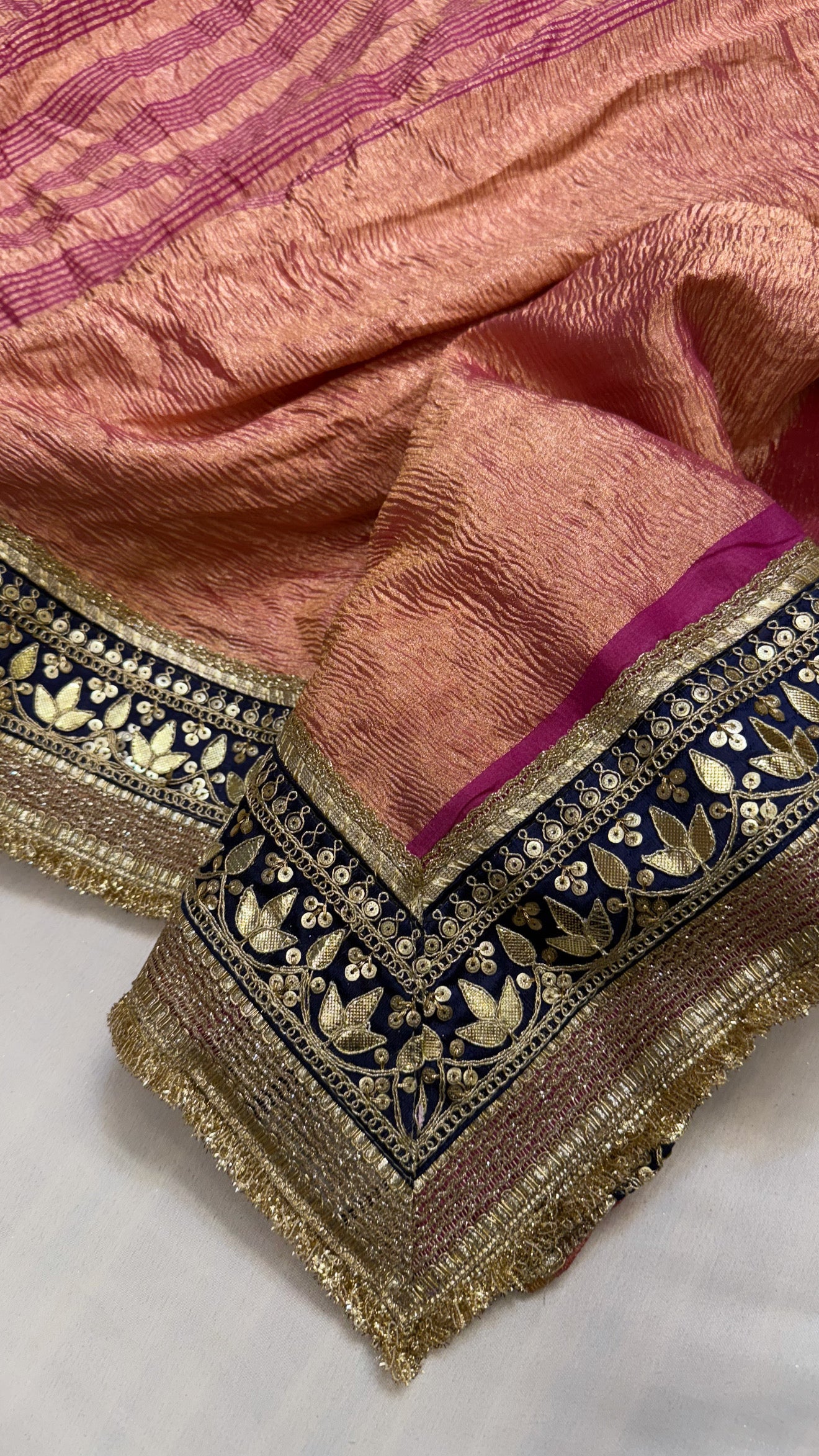 Moonga crushed tissue silk rani pink saree