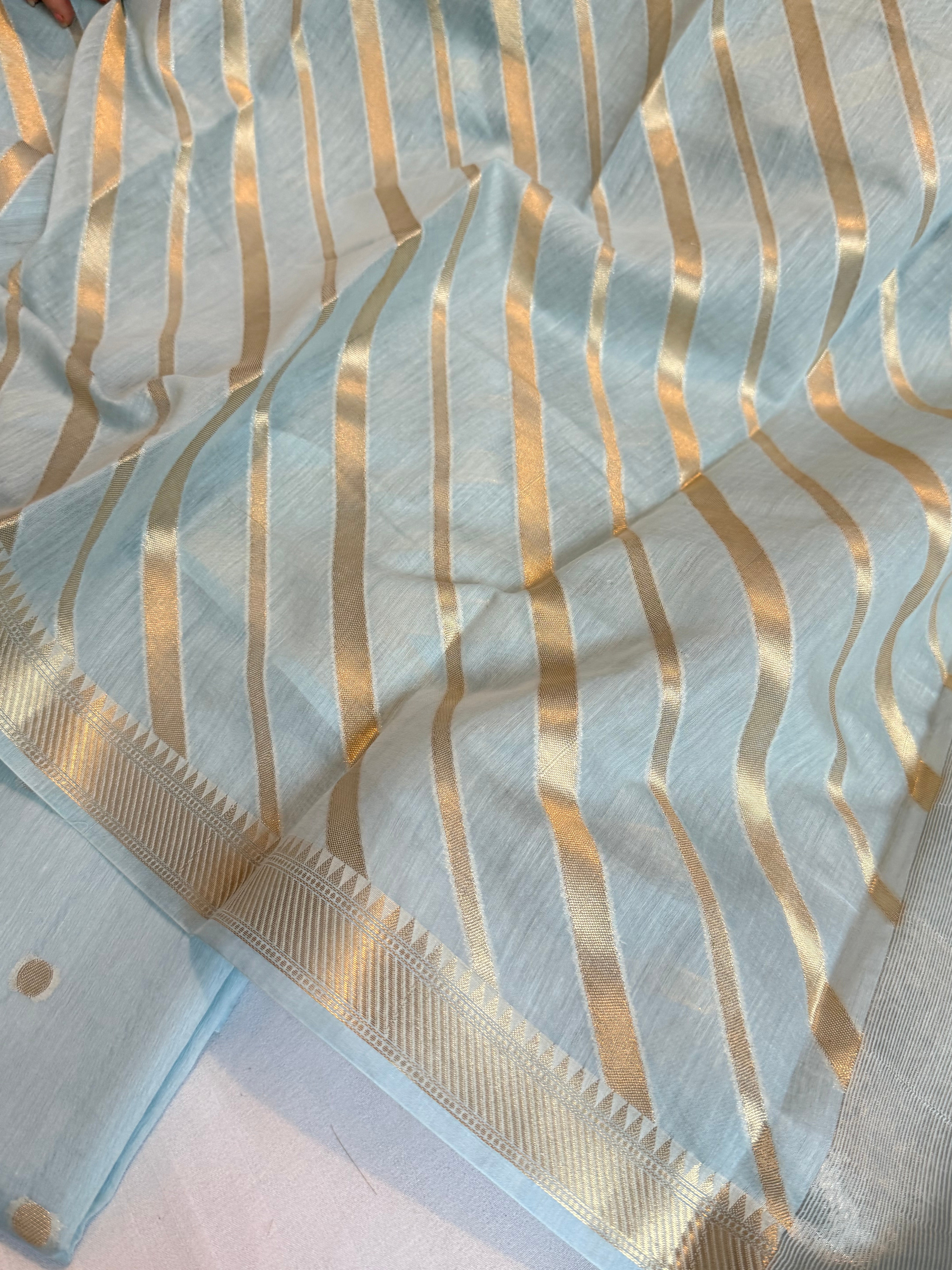 BELOW 8K - Blush blue zari cotton striped kadhwa buti banarasi suit set