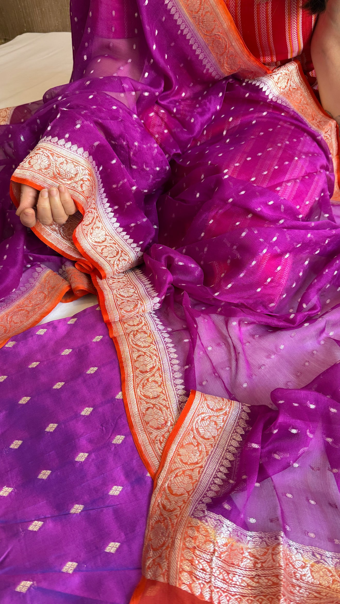 Magenta purple-fanta orange katan silk kadhwa buti kurta paired with chiffon gorgette chap dye duppata set