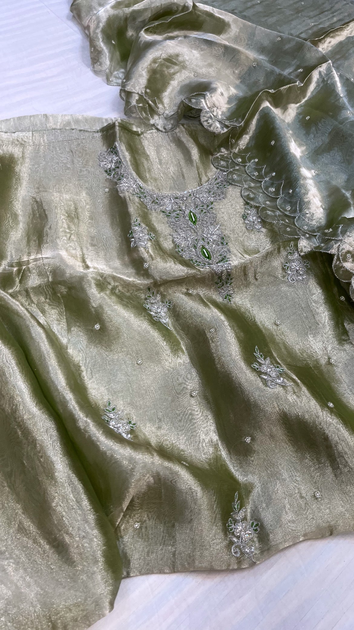 Mint green diamond tissue silk hand embroidered suit set