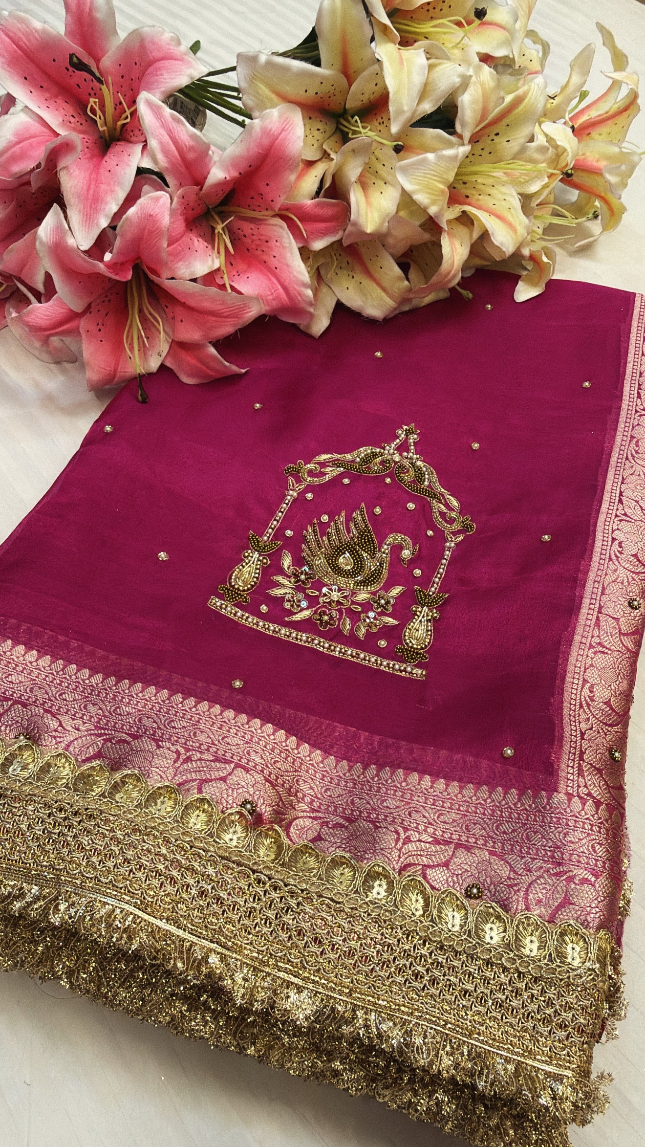 Pink special - Husn lotus pink peacock motif tissue silk hand embroidered saree