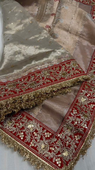 Diamond tissue silk chunri buti hand embroidered panetar saree