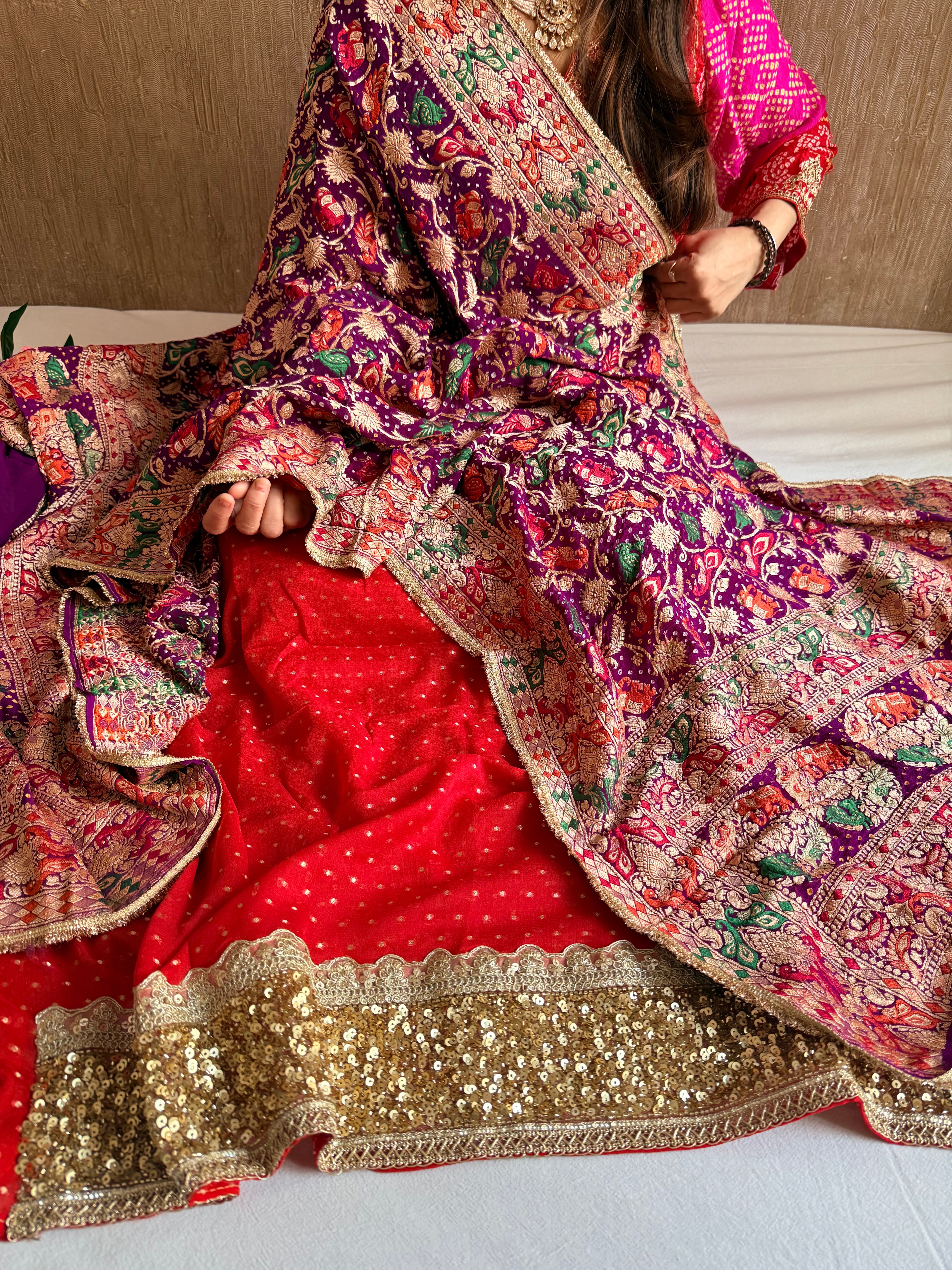 Rai bandhej chiffon gorgette sequin work hand embroidered suit set