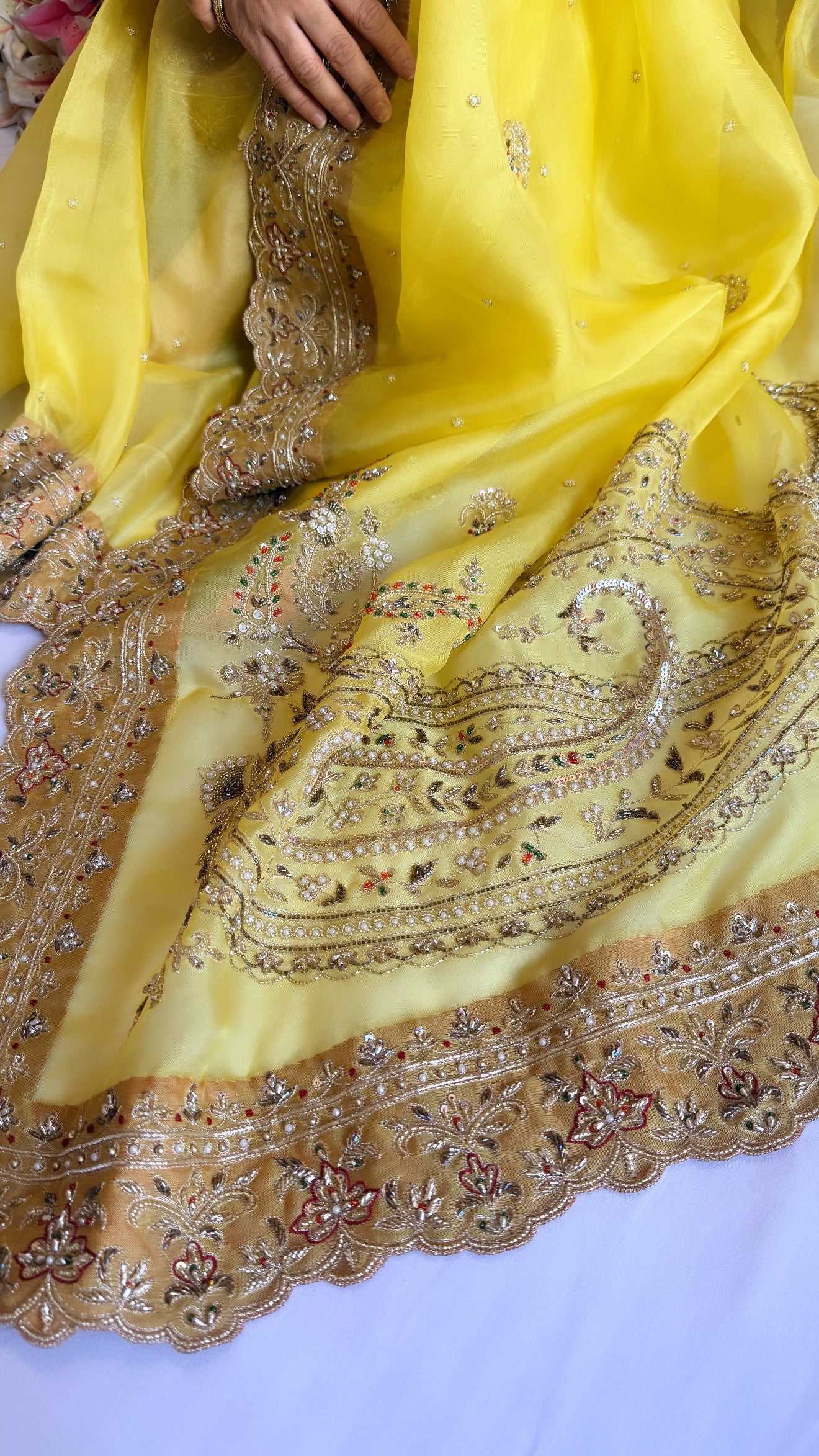 Mummy ki purani wali saree edit - Lemon yellow kora silk kadhwa hand embroidered saree