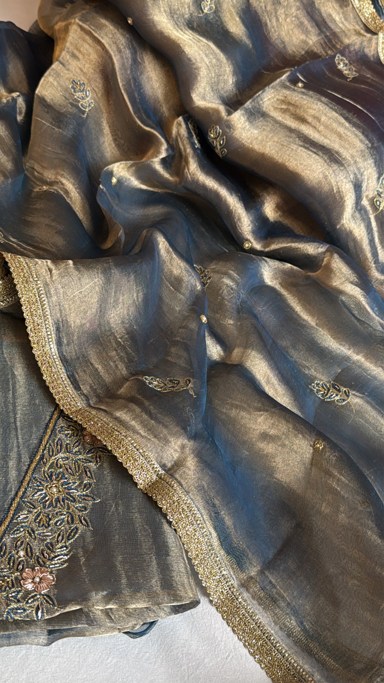 Persian blue tissue silk hand embroidered heeramandi kadhwa suit set