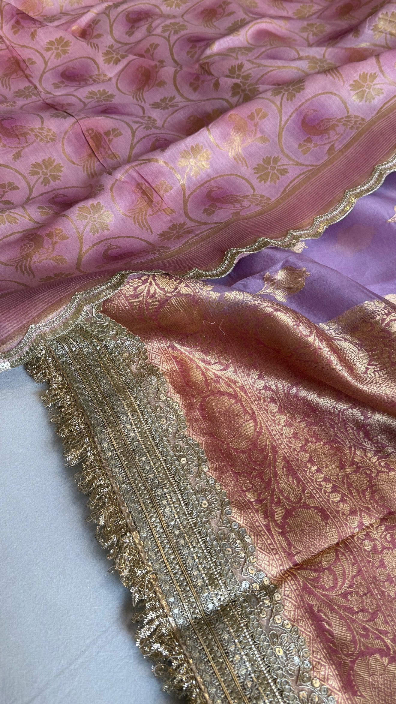 Kora silk chap dye contrast border saree paired with moonga silk duppata set