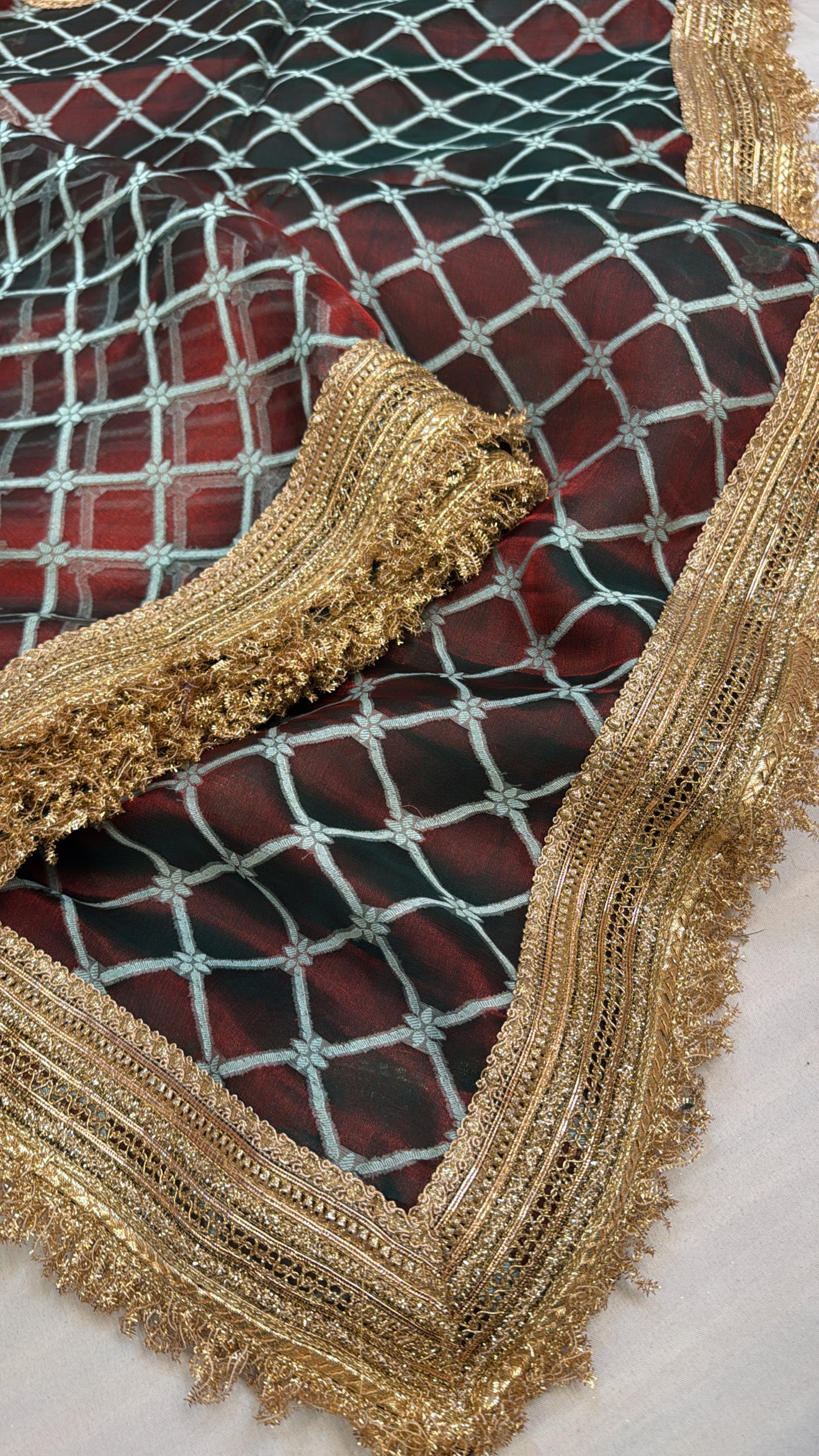 Maharani midnight red with blue zari work tissue silk saree