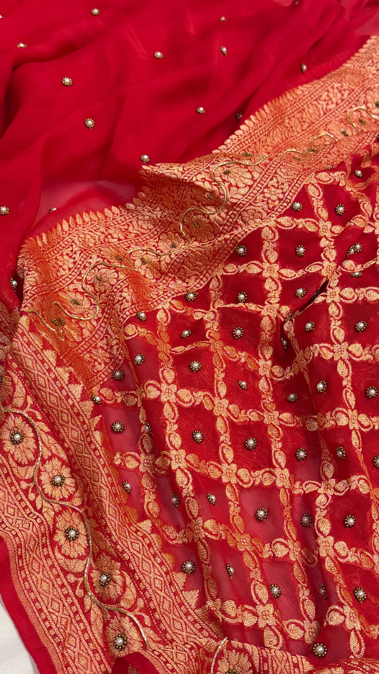 Red-rani hand embroidered ombre shaded chiffon gorgette kadhwa saree