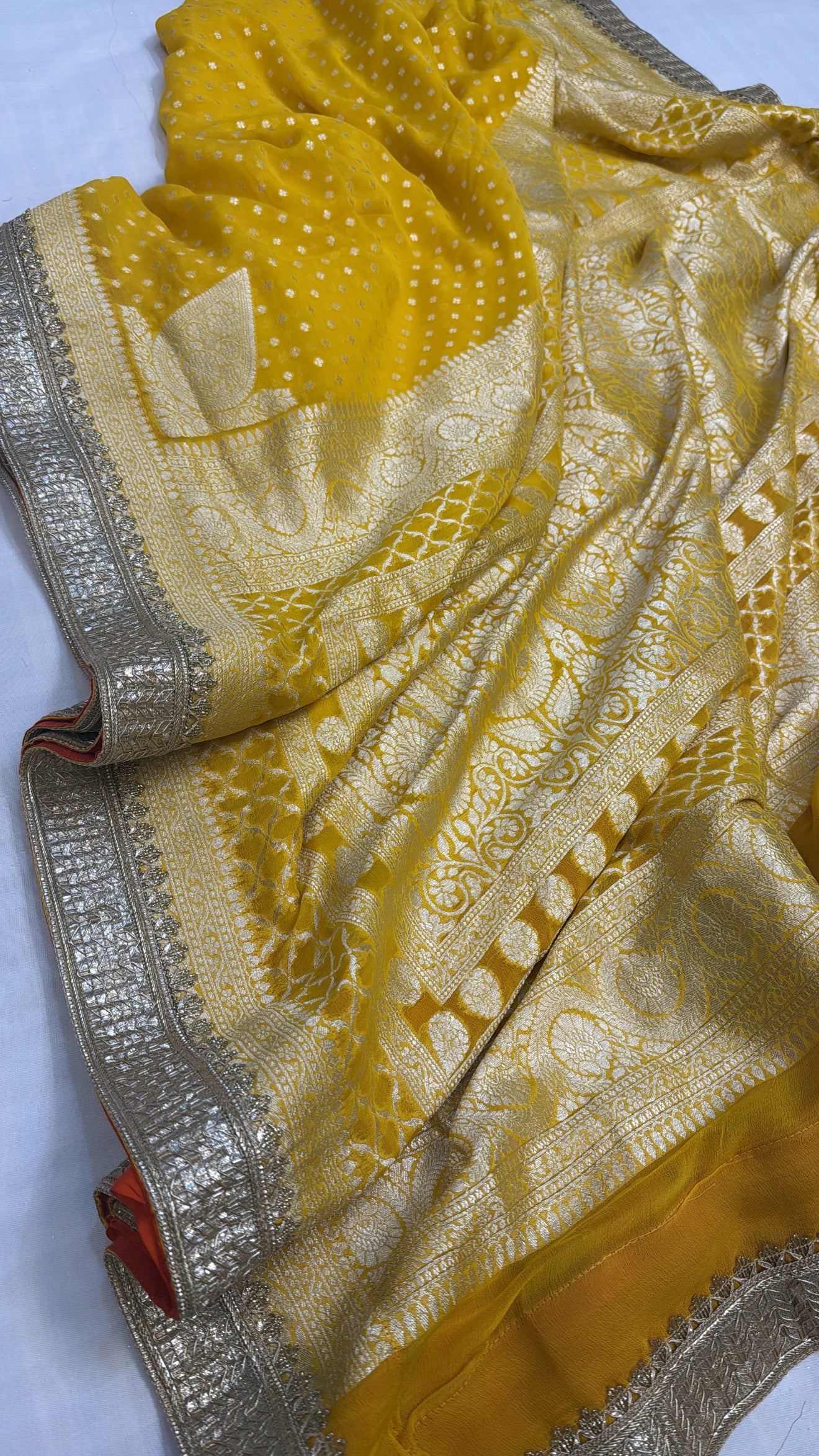 Mango yellow khaddi gorgette kohniya buti pure Banarasi gotapatti saree