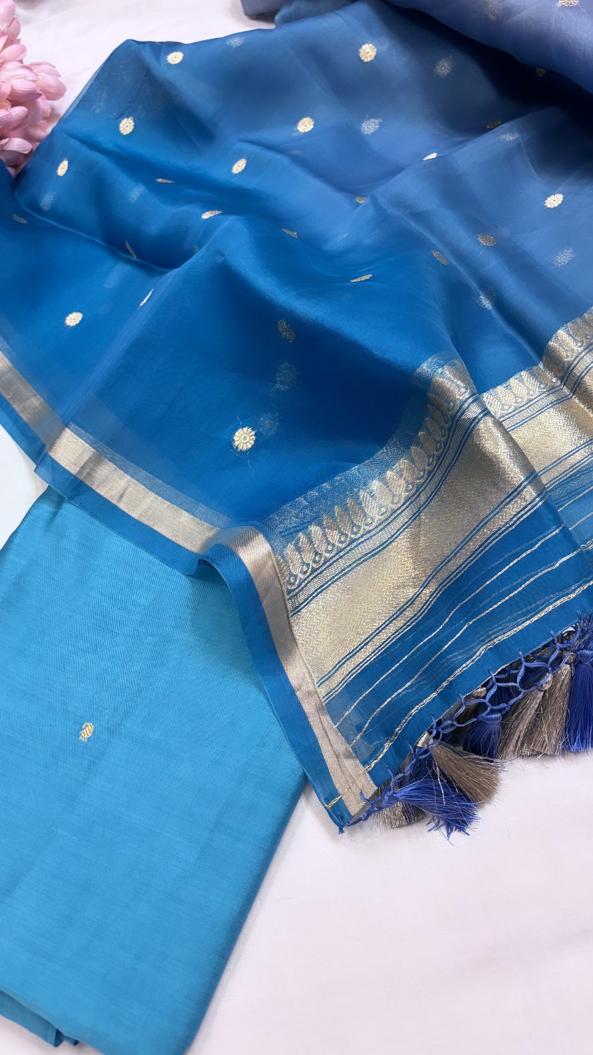 Pure Banarasi aqua blue chiniya silk kadhwa suit set paired with kora silk ombre shaded kadhwa duppata and bottom set