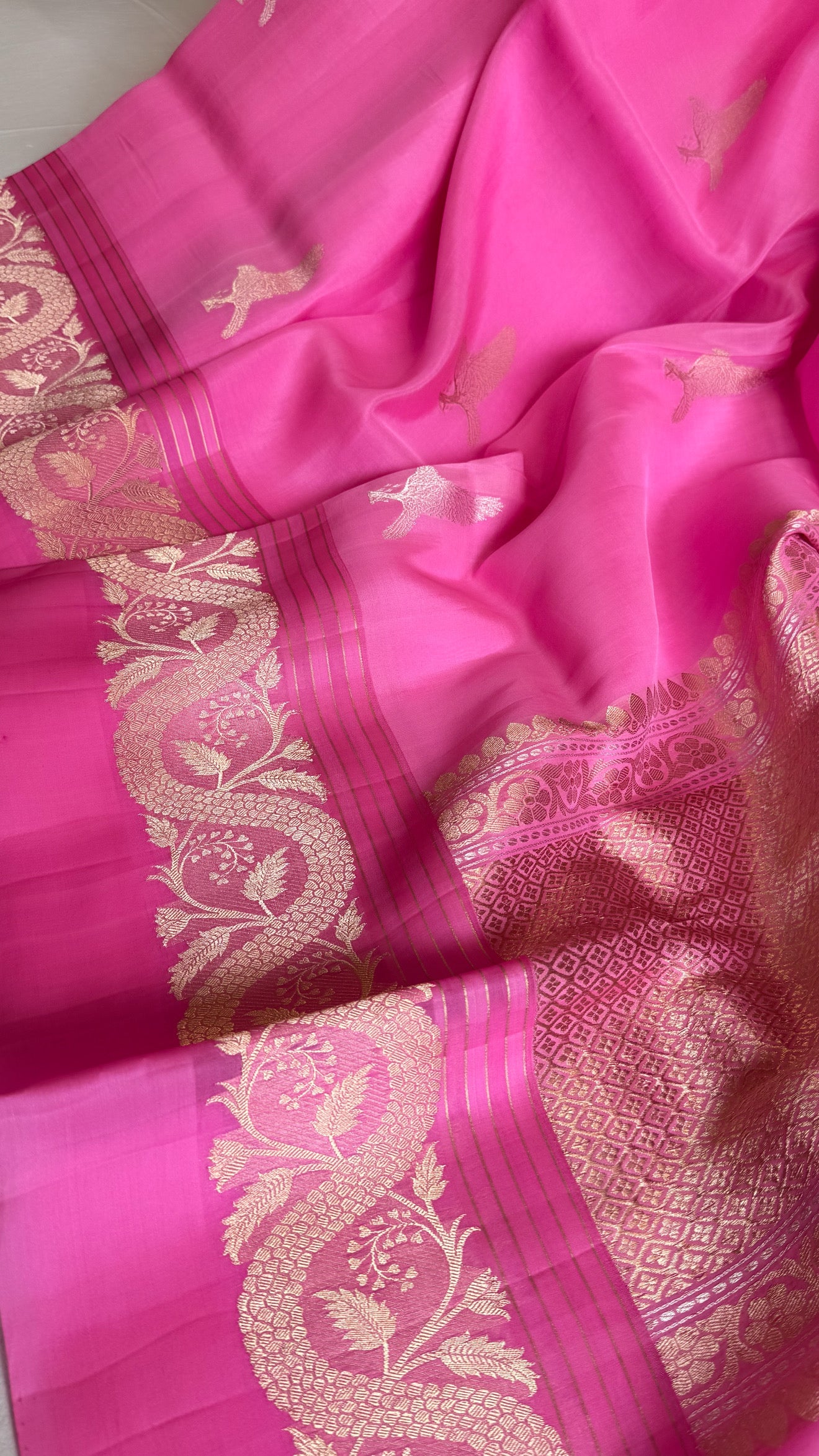 Strawberry pink banarasi kora silk hand embroidered saree