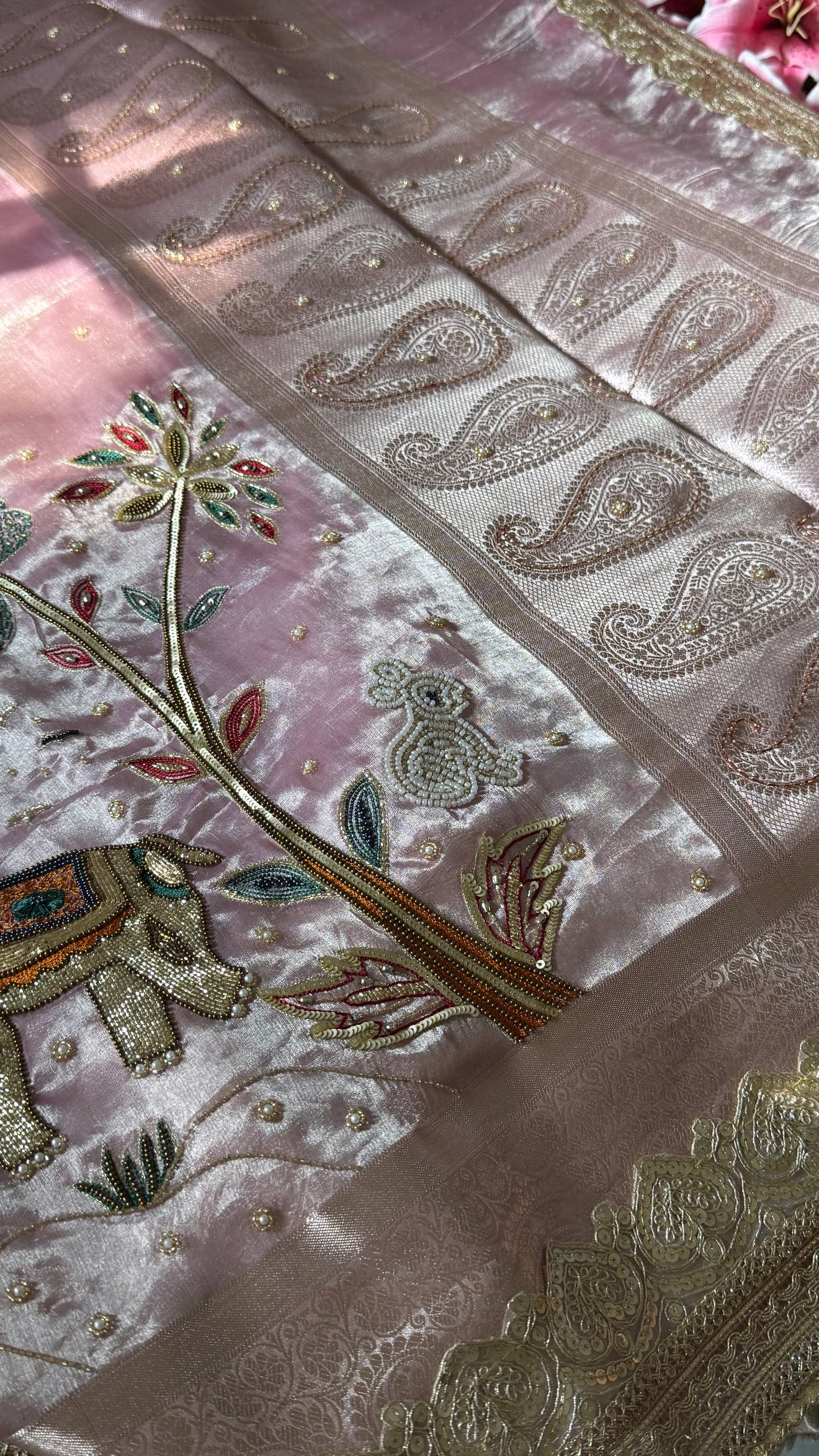 First meeting wali saree - Blush pink elephant and jungle motif hand embroidered tissue silk saree