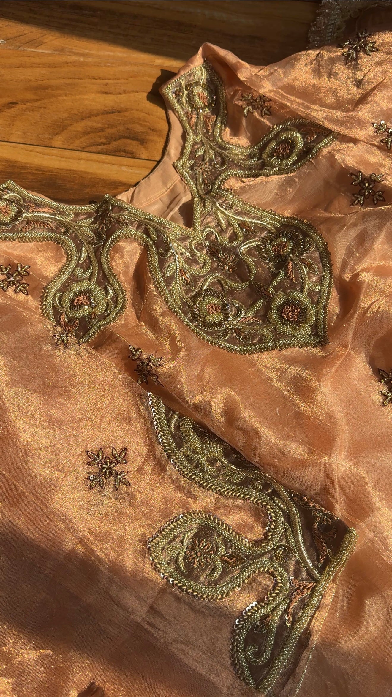 Pakeeza inspired copper tissue silk heavy zardozi work suit set