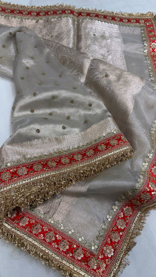 Diamond tissue silk chunri buti hand embroidered panetar saree