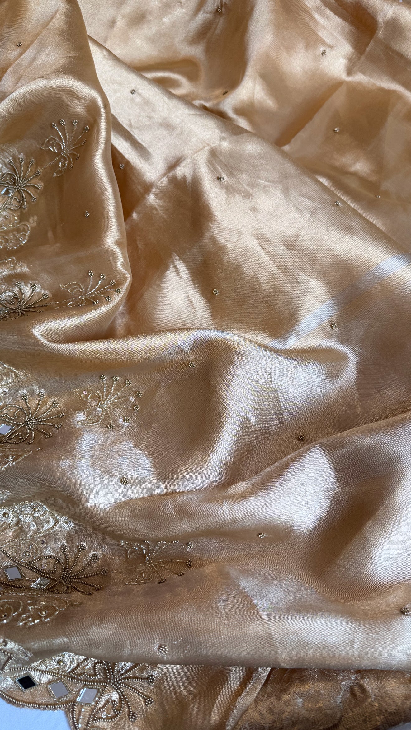 Husn champagne gold tissue silk heavy hand embroidered saree