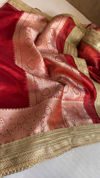 Viral maharani dhup chao red tissue silk meenakari kadhwa saree