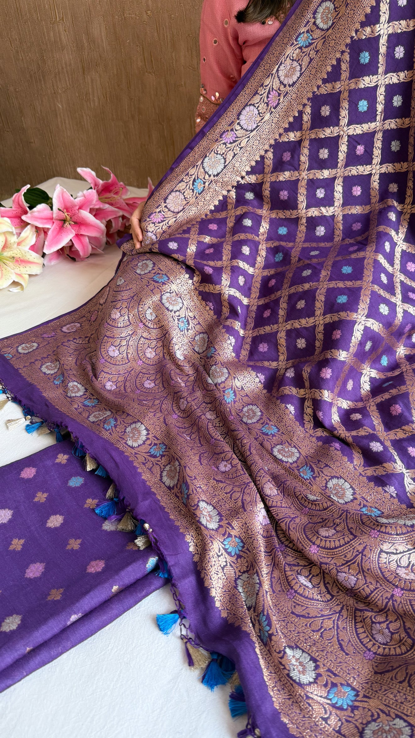 Moonga silk brinjal purple chaukadi duppata with meenakari kadhwa weaving