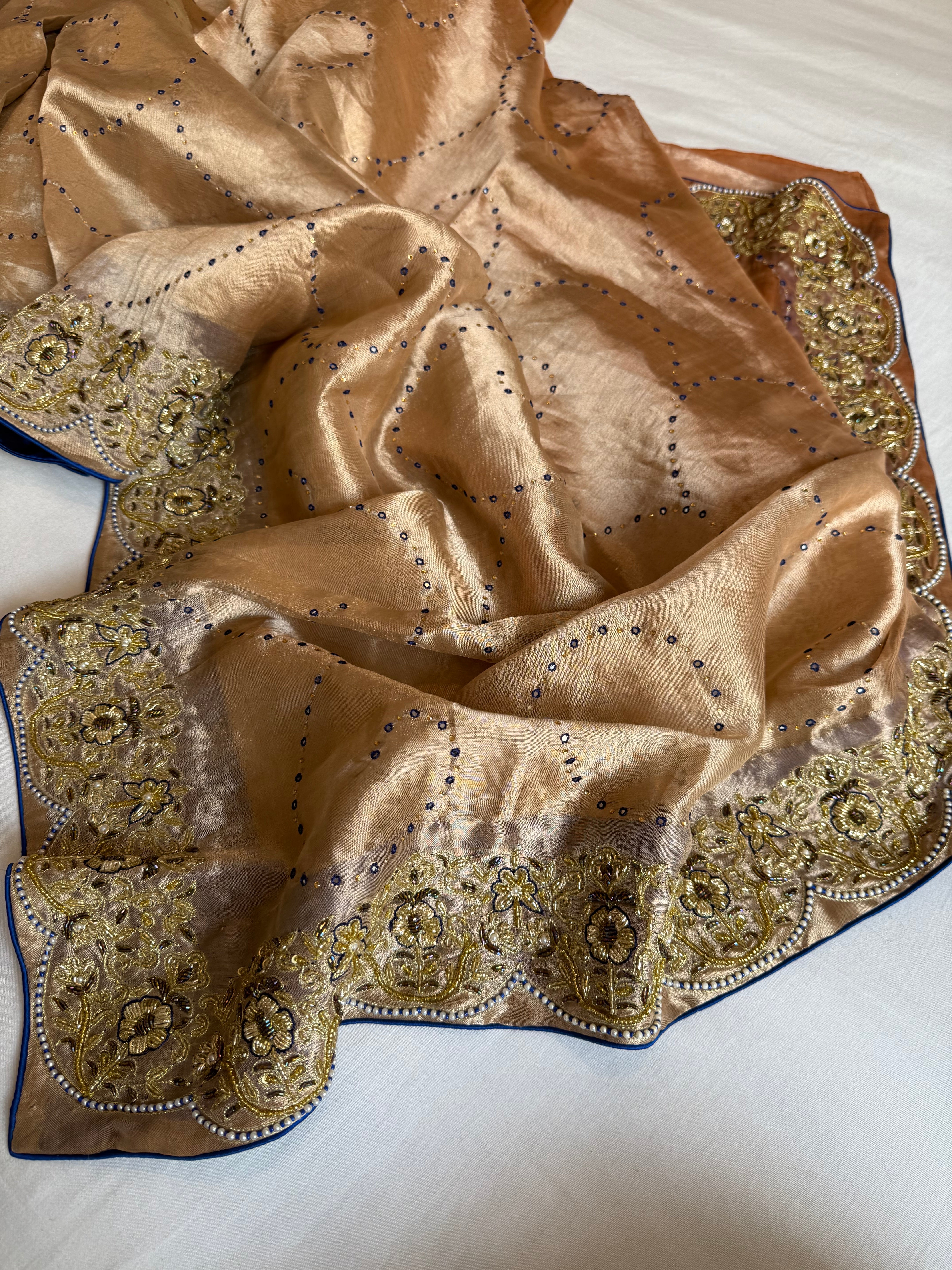 Umrao jaan inspired double diamond tissue silk zardozi hand embroidered saree