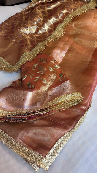 Husn tissue silk saree                     Maharani tissue silk is optional to add (Tick the box below and add to cart to add maharani duppata)