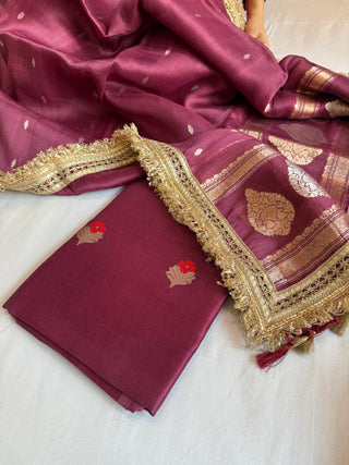 Plum shade kora silk kadhwa buti gotapatti suit set