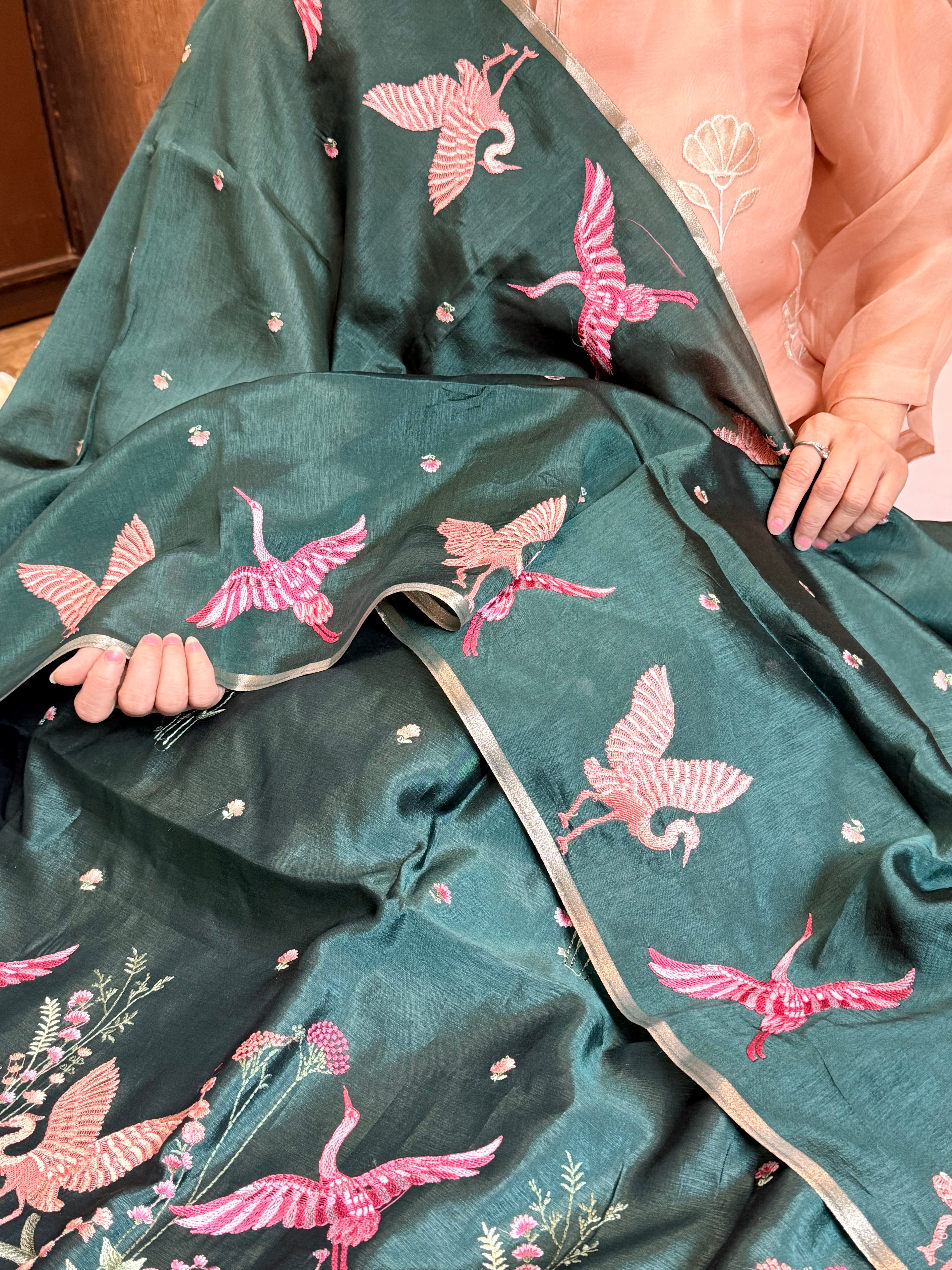 BELOW 8K - Parsi gara bottle green resham work banarasi chiniya silk kadhwa suit sets