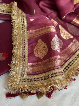 Plum shade kora silk kadhwa buti gotapatti suit set