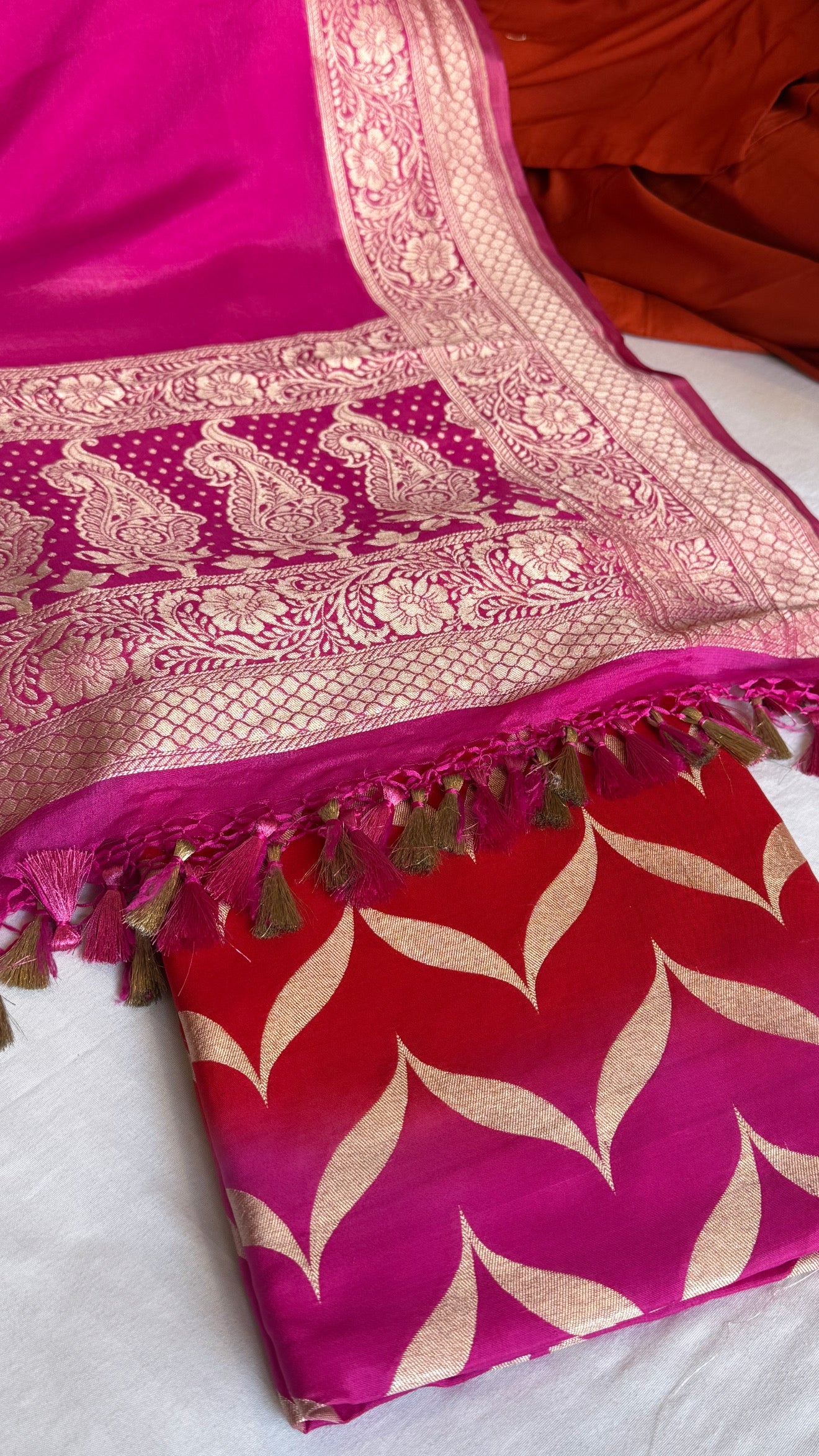 Red-rani ombre shaded chiniya silk kadhwa kurta paired with chiffon gorgette duppata set