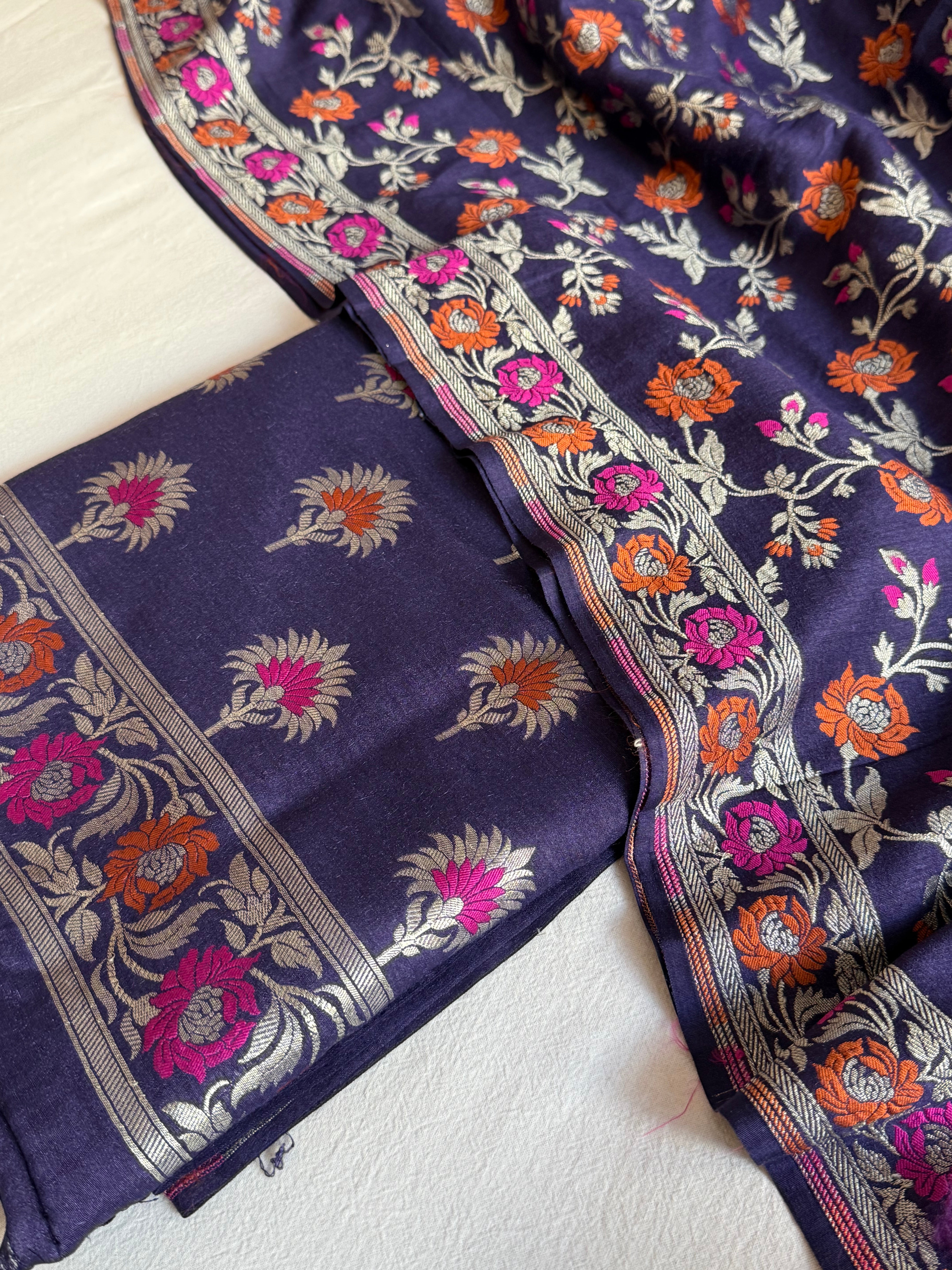 Banarasi moonga silk navy blue meenakari kadhwa suit set