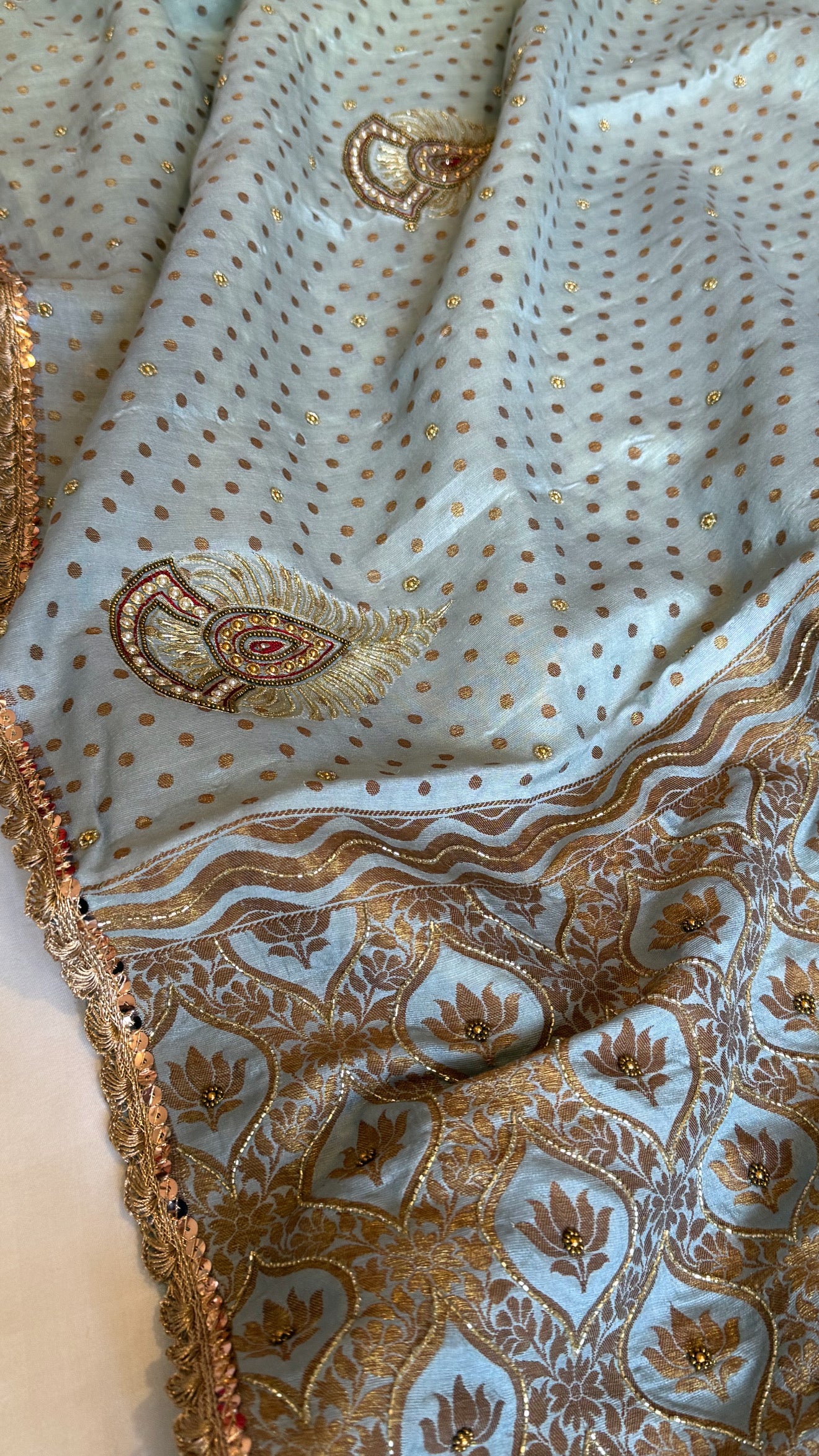 Water blue moonga silk antique zari hand embroidered kadhwa saree