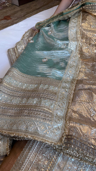 Lehenga style saree edit - Blush blue diamond tissue silk tilli work gotapatti skirt border saree