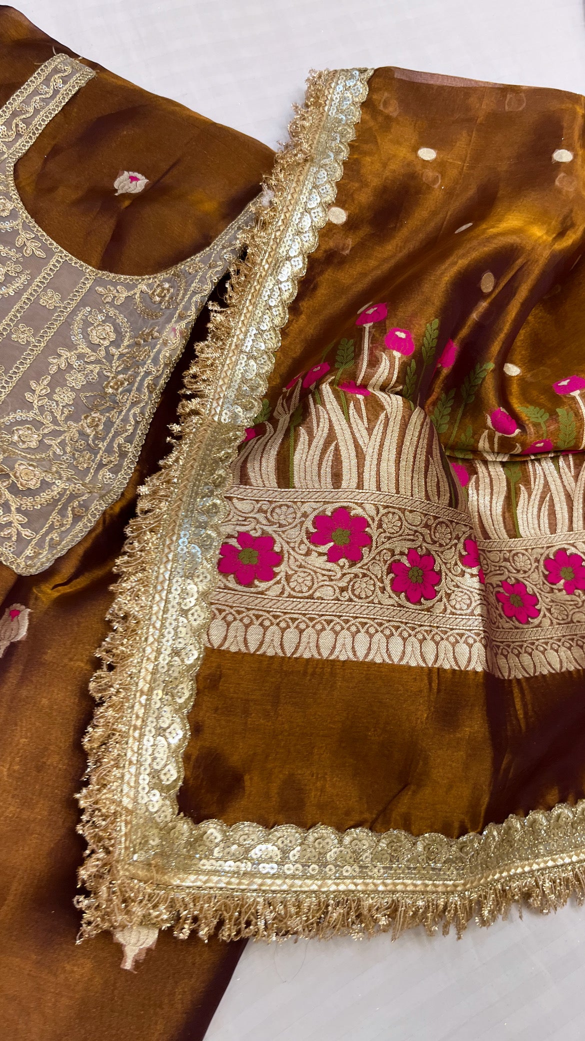 Heeramandi molten gold tissue silk meenakari suit set