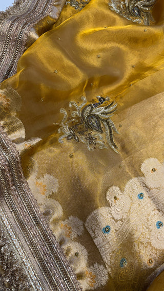 Cocktail wali saree - Gold yellow tissue silk heavy hand embroidered saree