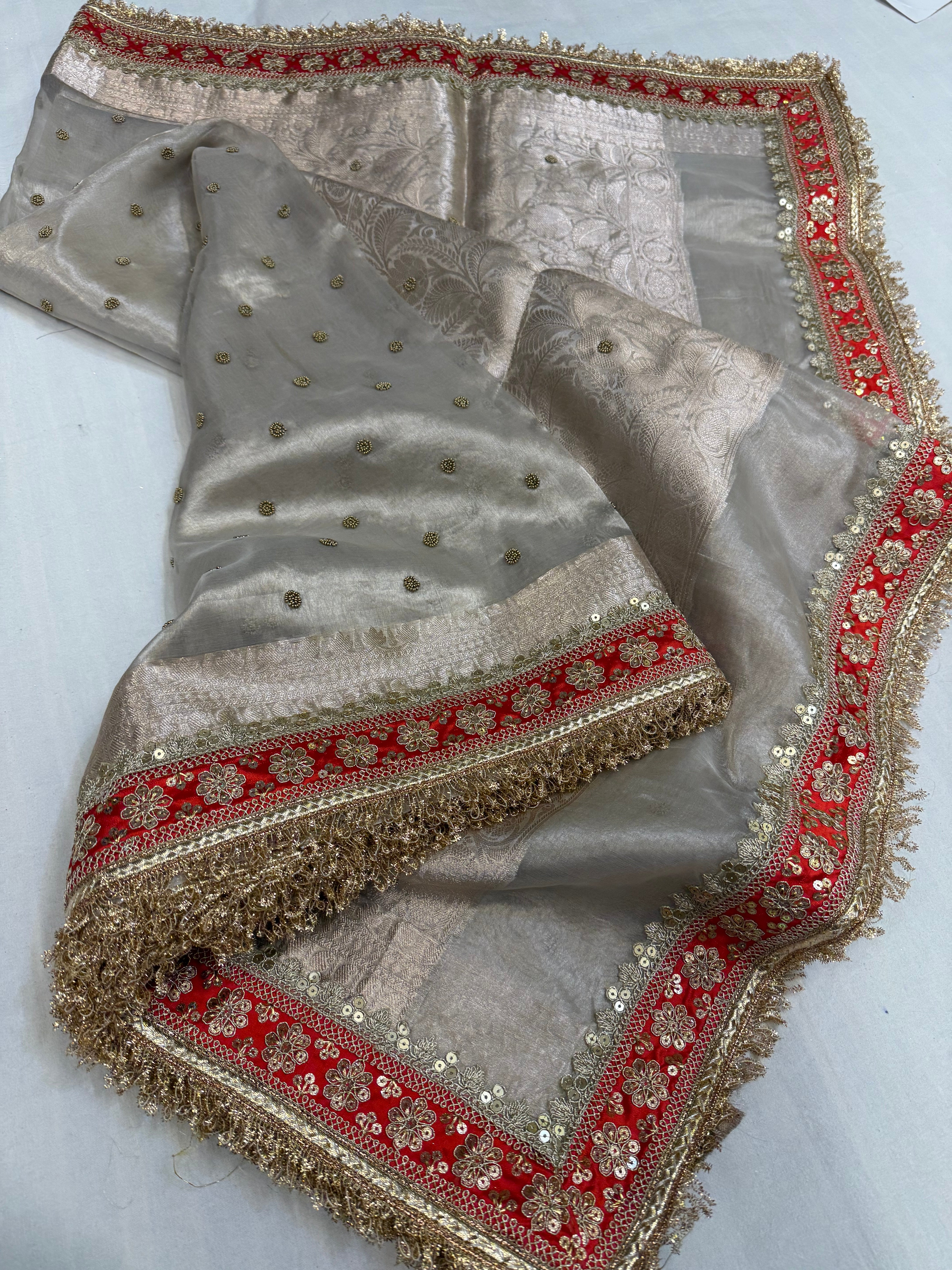 Diamond tissue silk chunri buti hand embroidered panetar saree