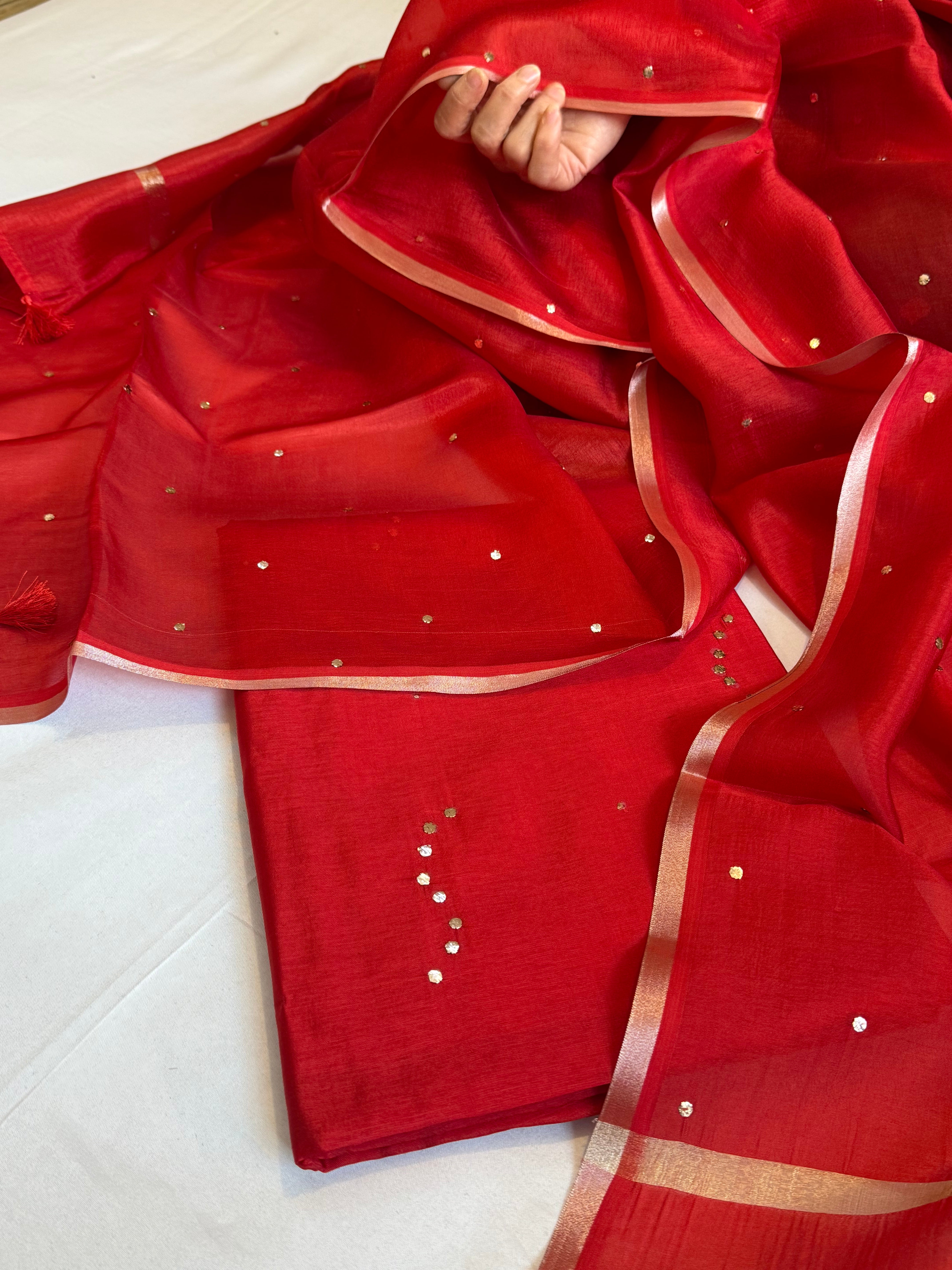 Hot red raw mango silk mukaish work hand embroidered kadhwa suit sets