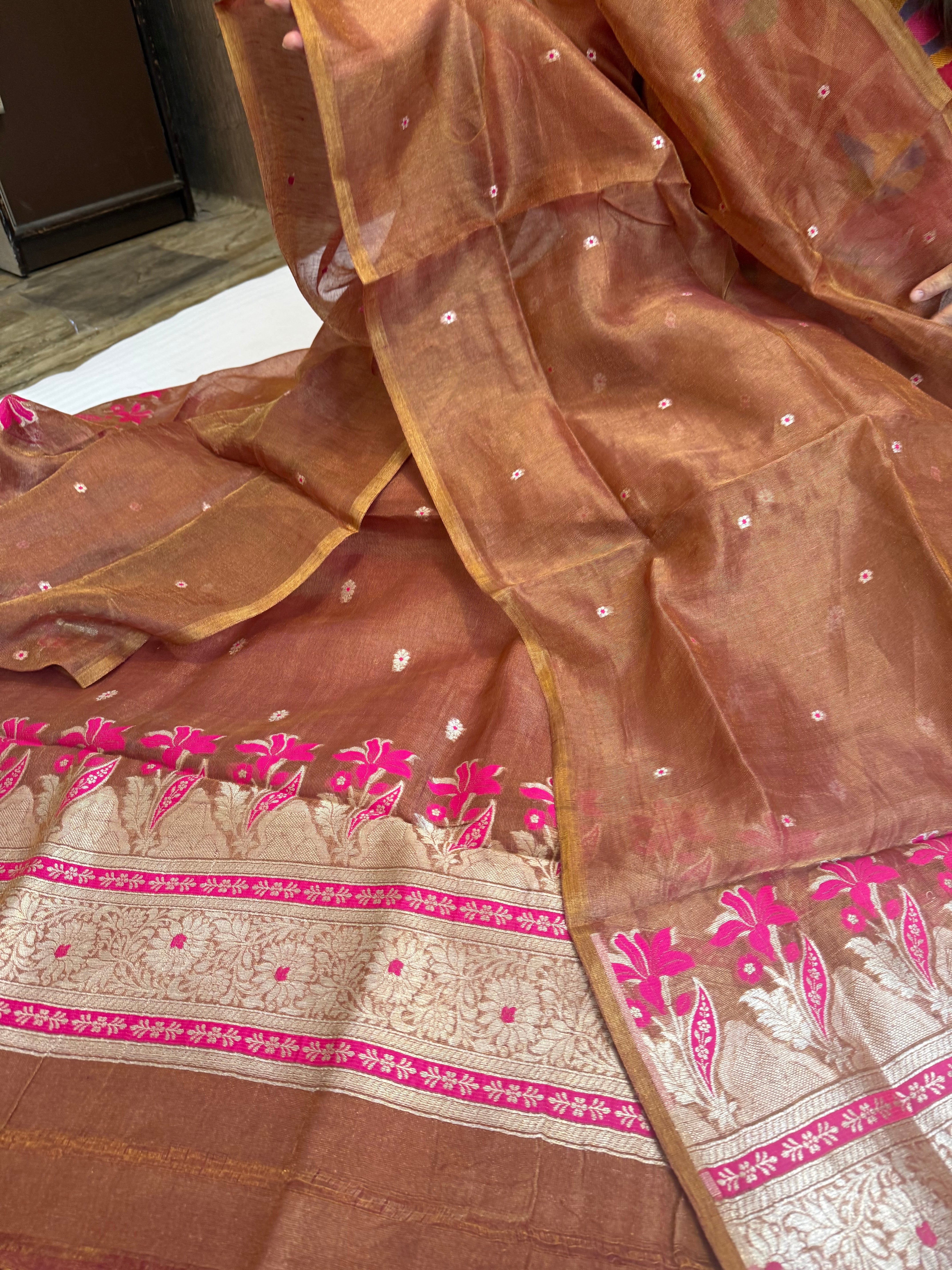 Linen tissue rust orange kadhwa meenakari suit sets