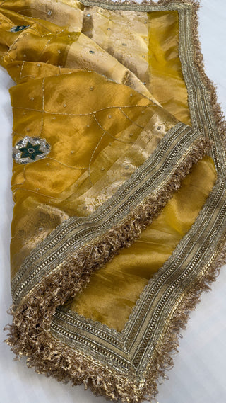 Cocktail wali saree - Metallic gold tissue silk heavy hand embroidered saree