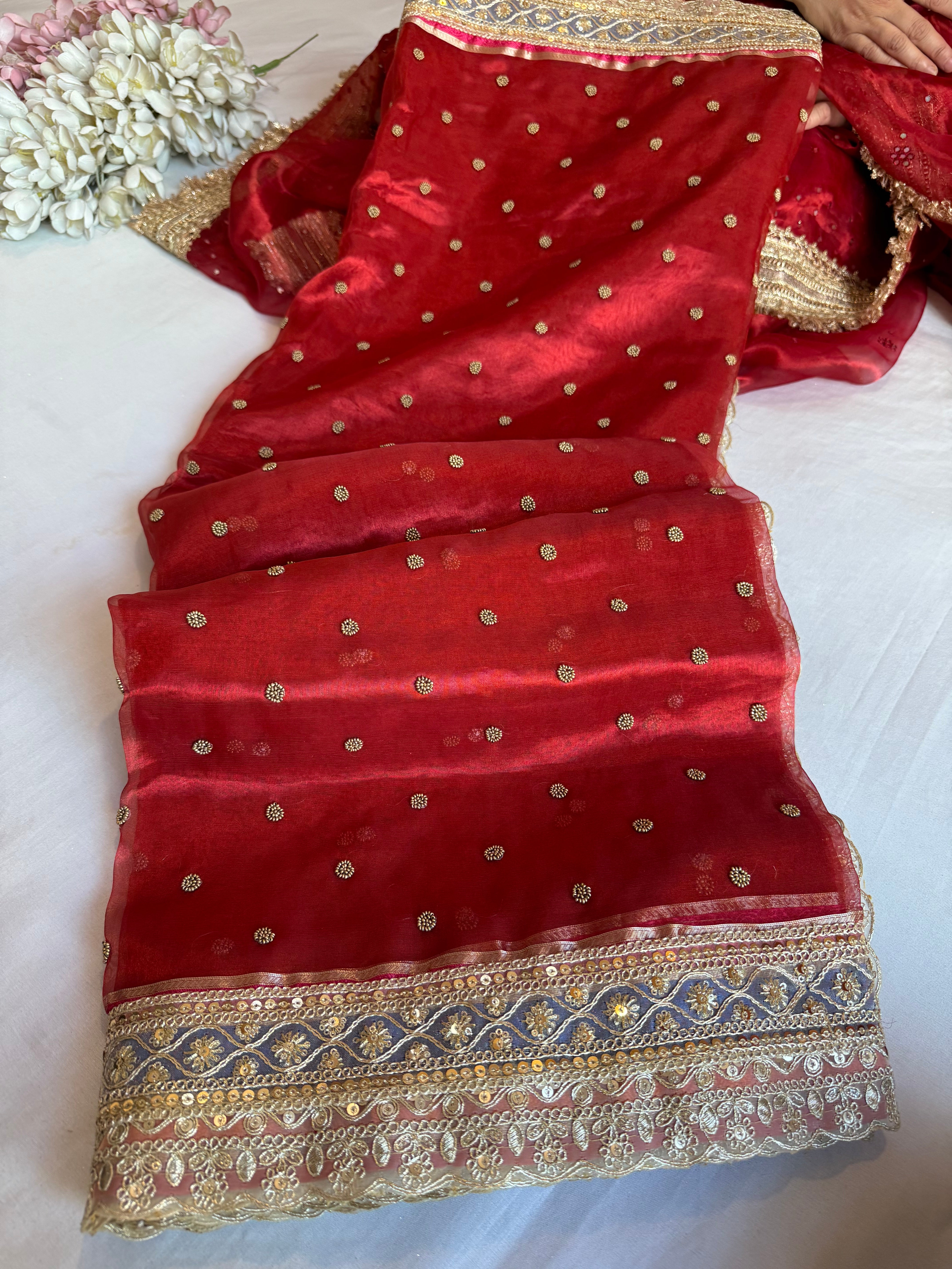 Maharani chunri buti hand embroidered kadhwa tissue silk saree
