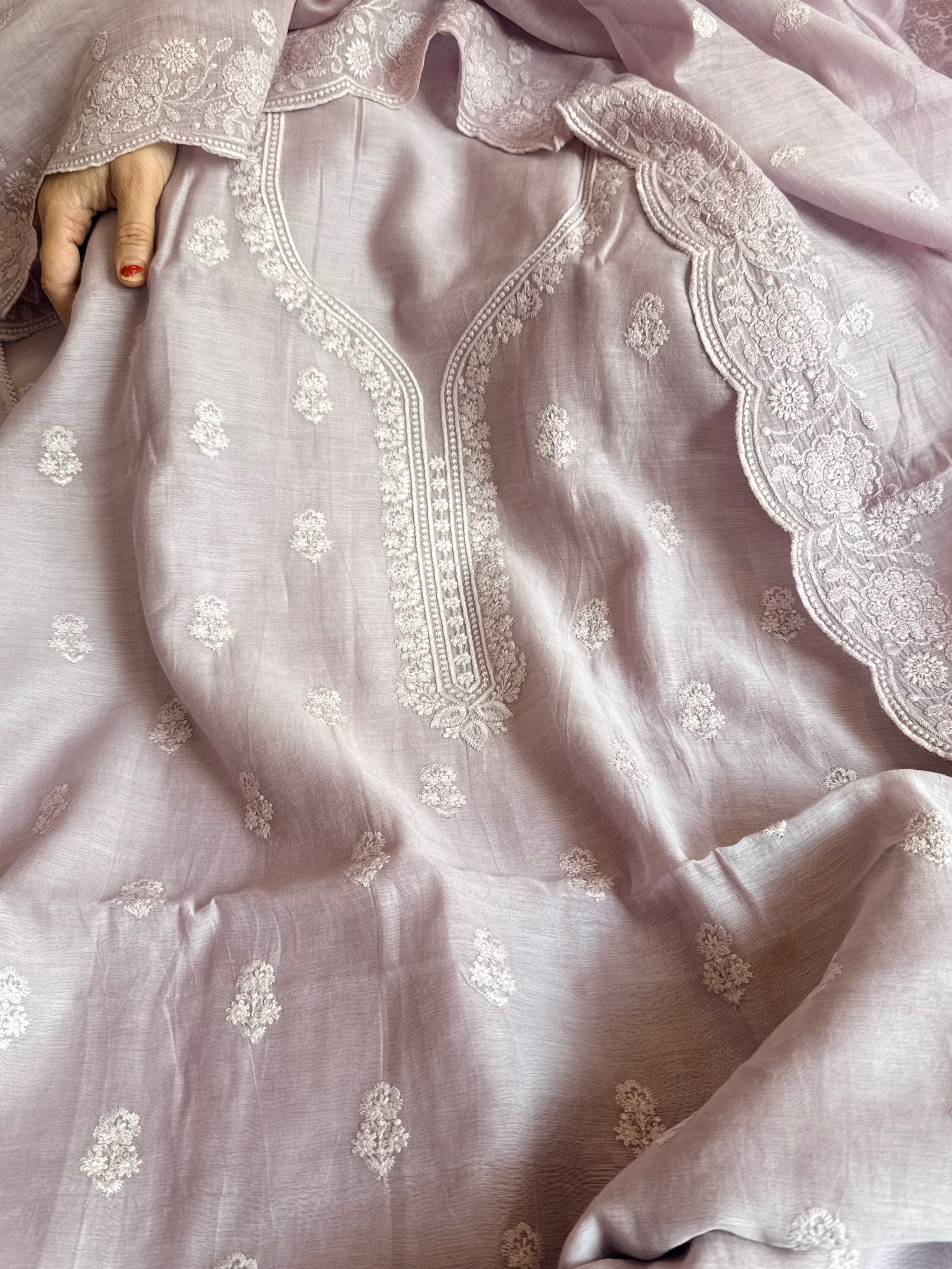 Dusty lilac mul cotton thread hand embroidered suit set