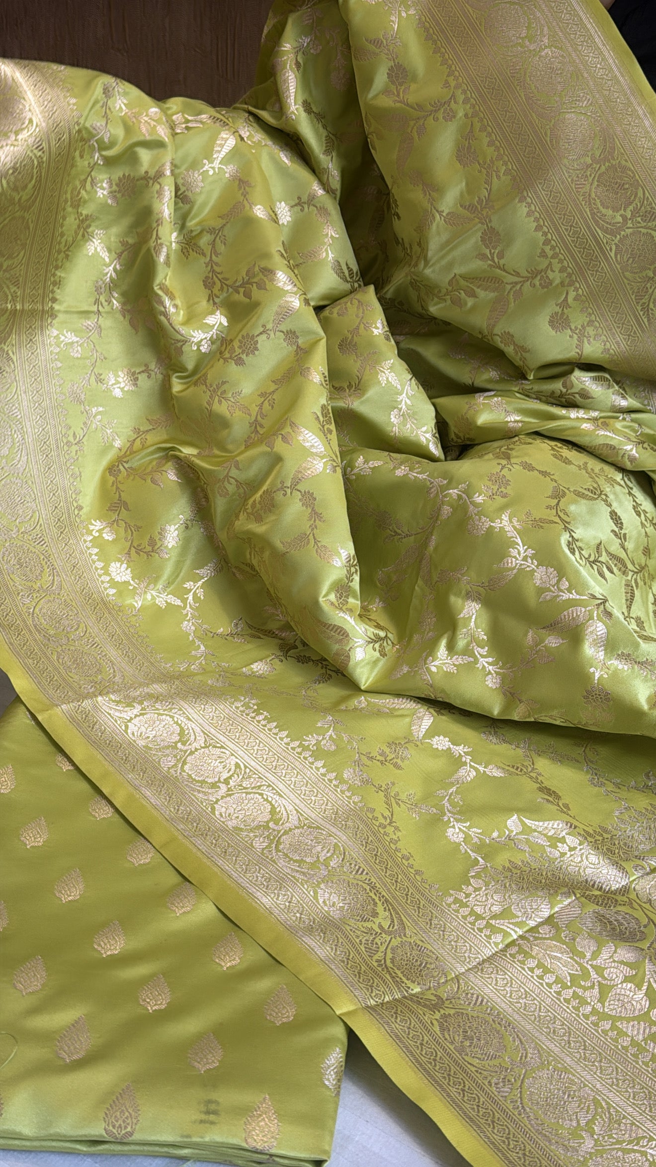 Lime green mashru satin silk jungla suit set