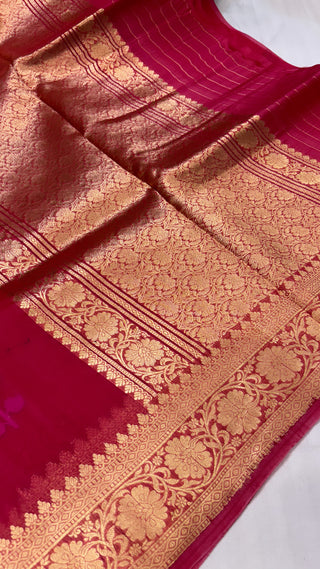 Pure banarasi garnet shade kadhwa meenekari kora silk kadhwa saree with meenakari buti