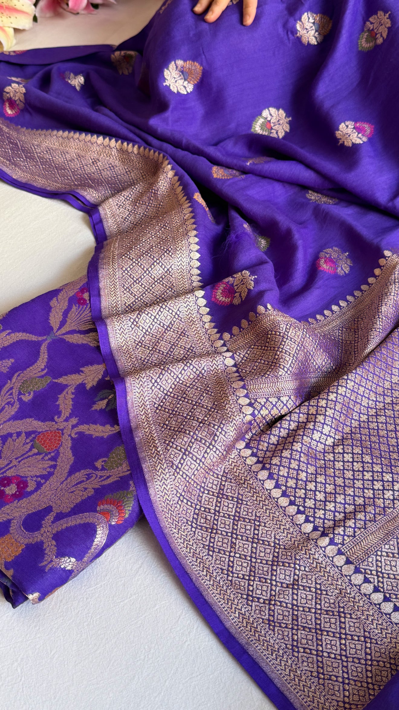 Moonga silk bright purple meenakari kadhwa jungla brocade suit set