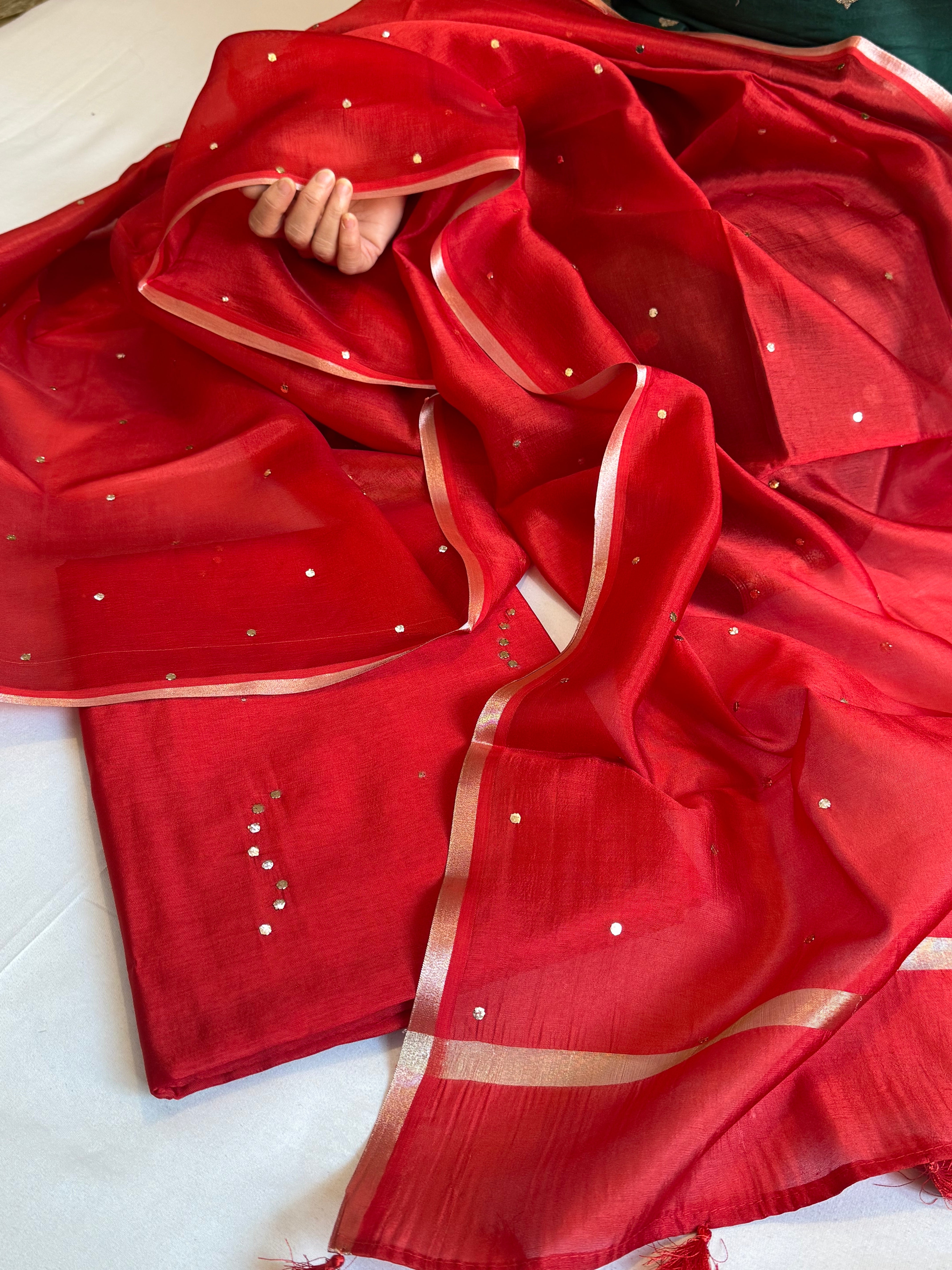 Hot red raw mango silk mukaish work hand embroidered kadhwa suit sets