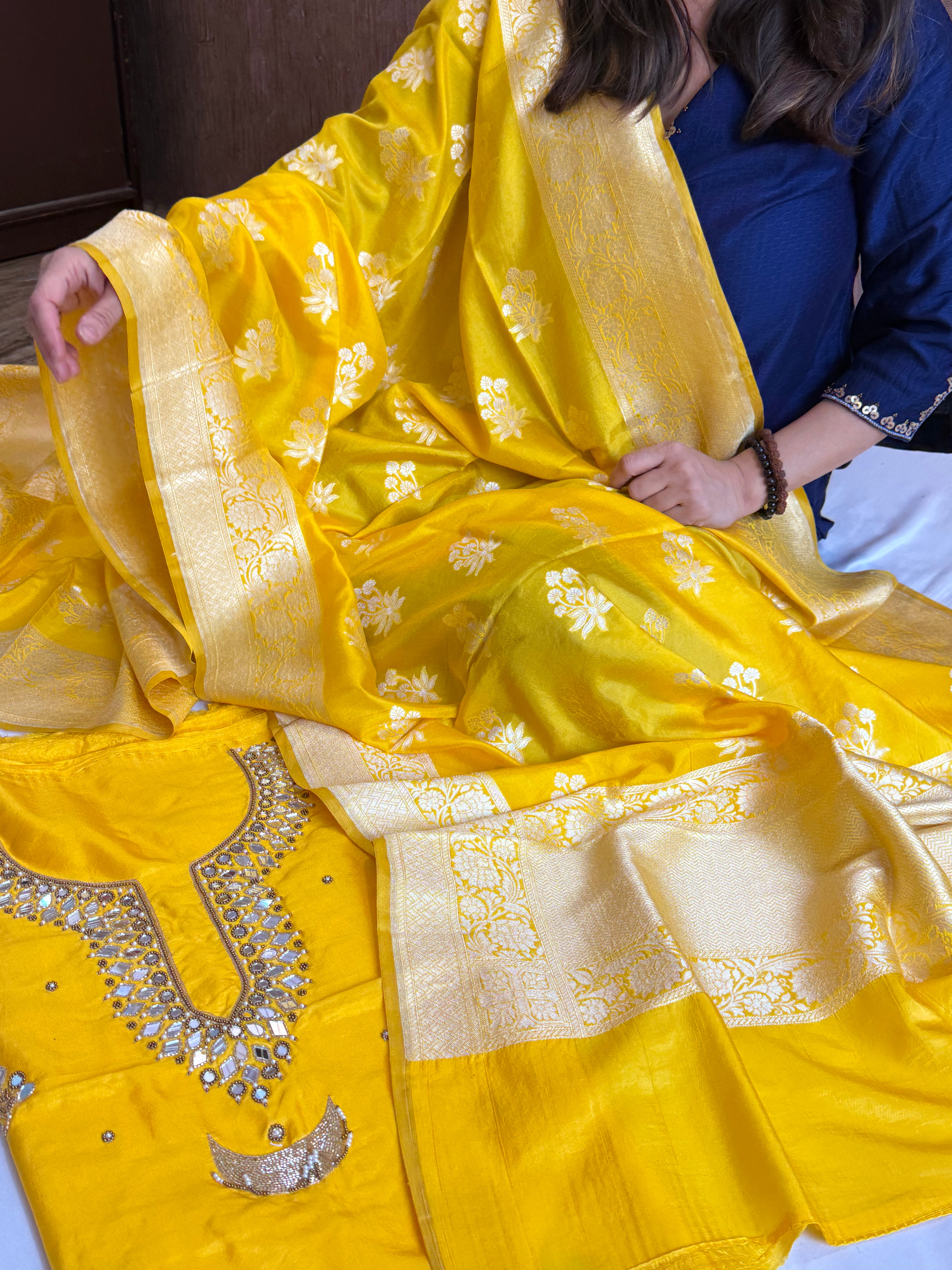 Sheesham haldi yellow mirror work hand embroidered katan silk kadhwa suit set