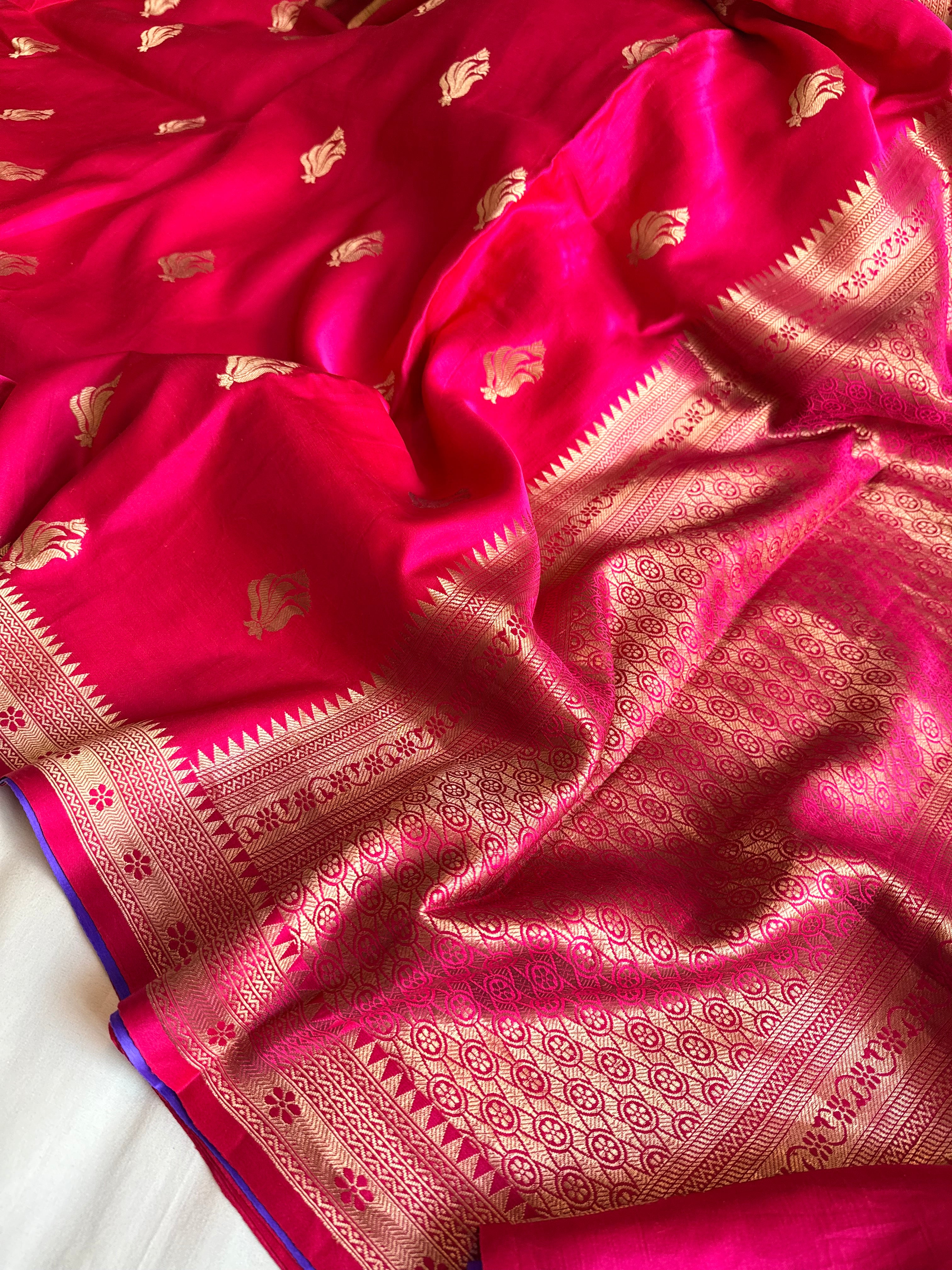 Hot pink banarasi mashru silk kadhwa buti saree