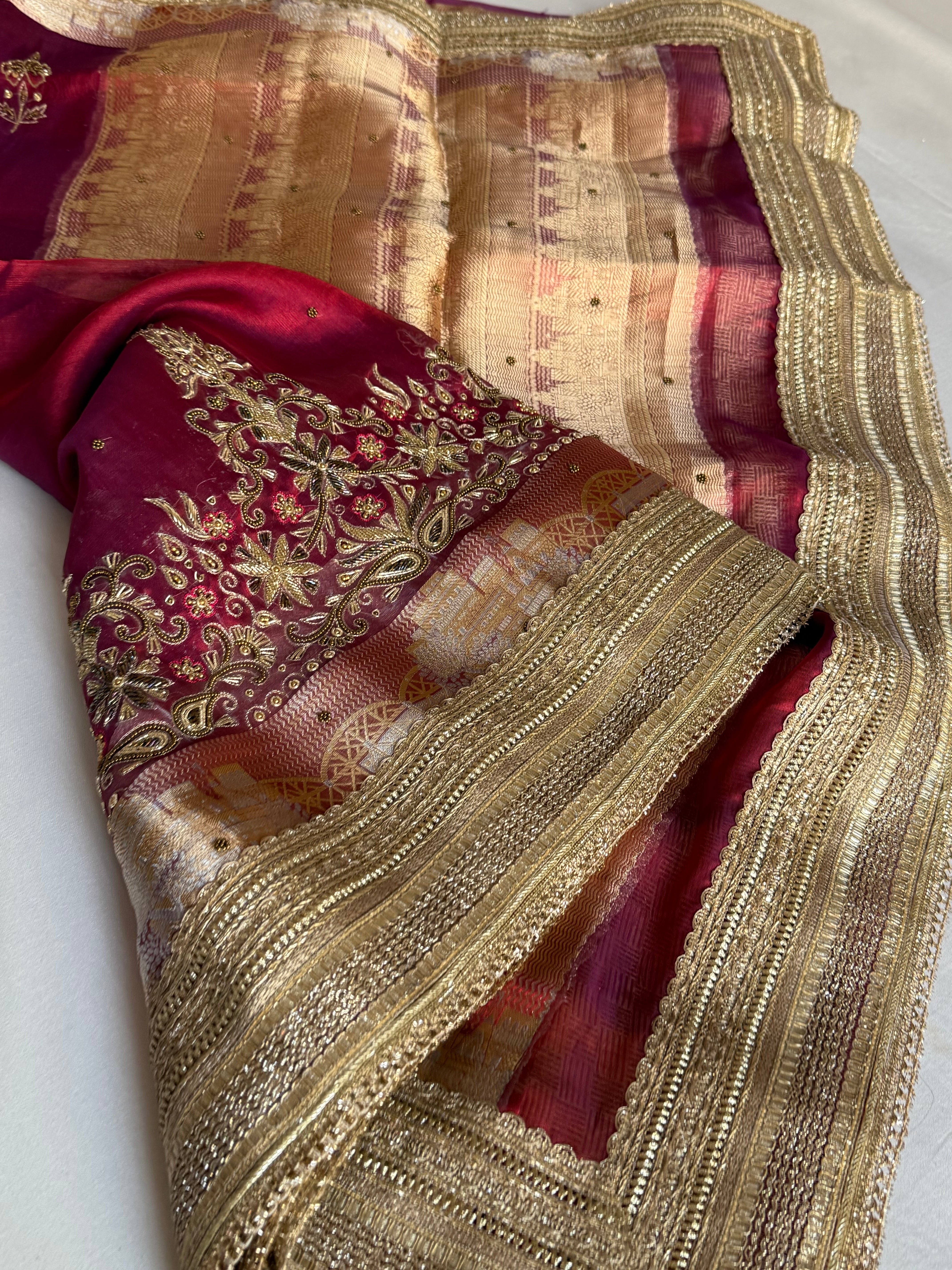 Mughal motif inspired - Metallic dhup chao red tissue silk hand embroidered husn saree