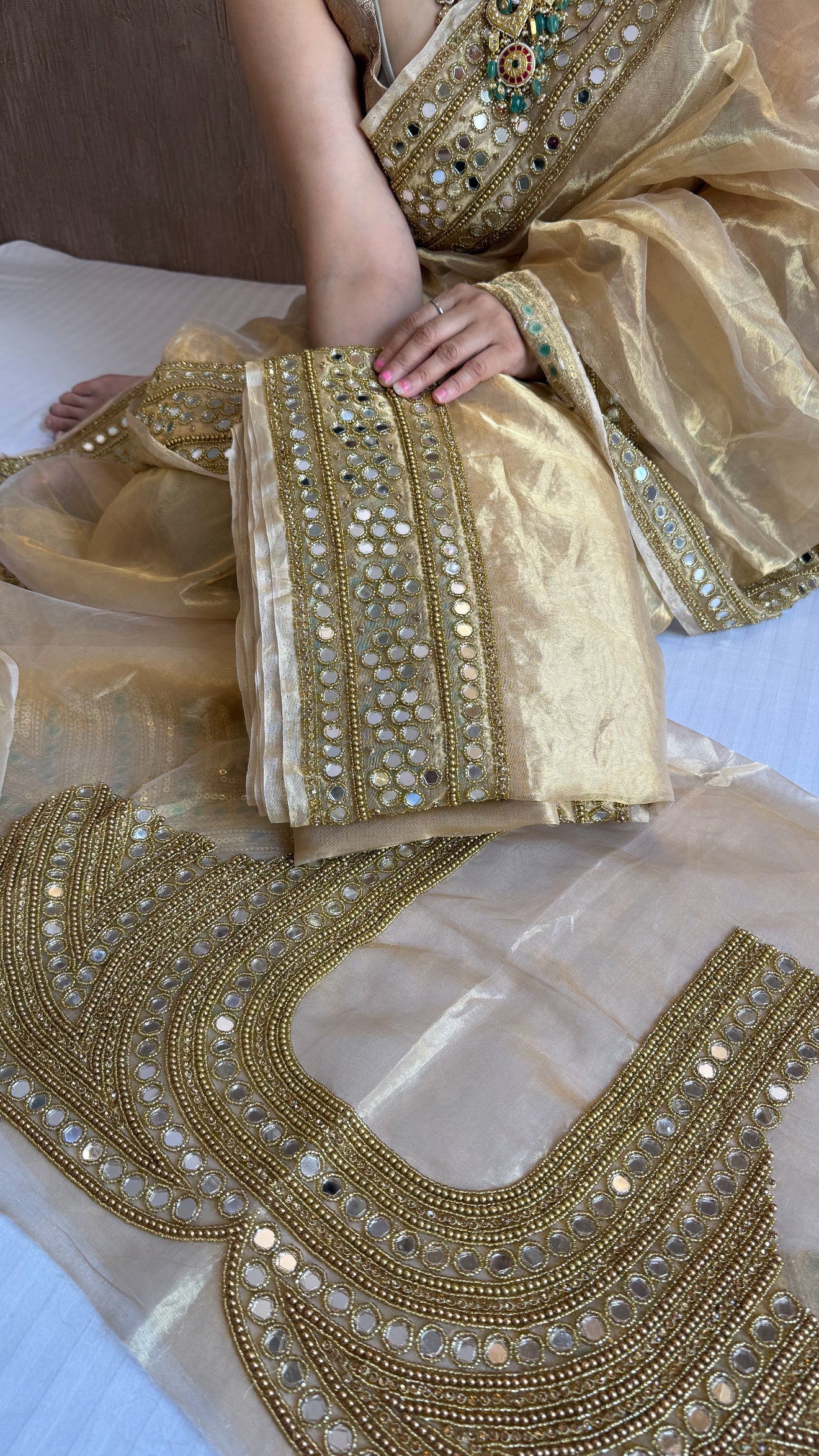 Mirror work edit - Champagne gold tissue silk mirror work heavy banarasi border saree