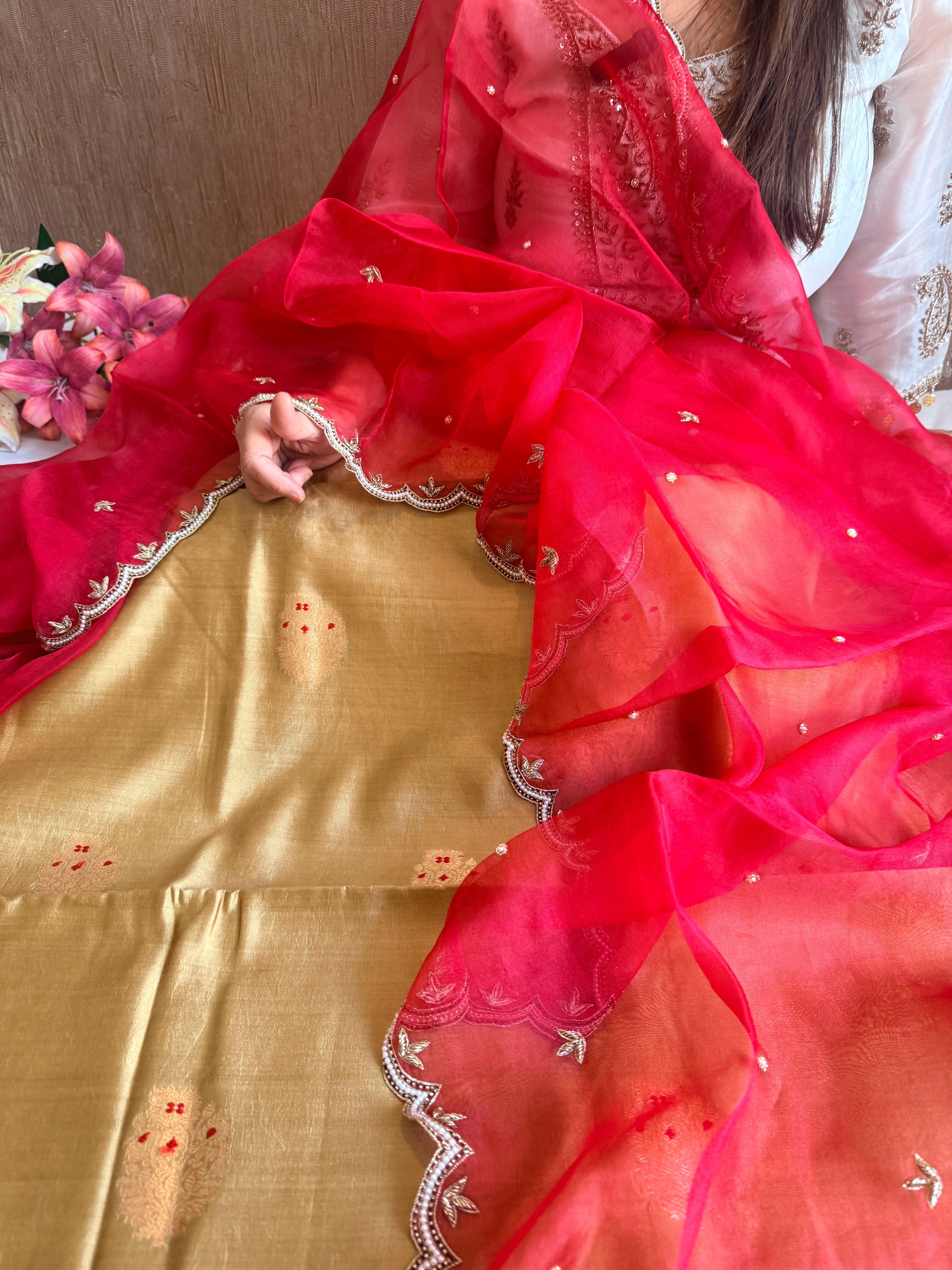 Beige-red chiniya silk kadhwa buta kurta paired with kora silk red duppata
