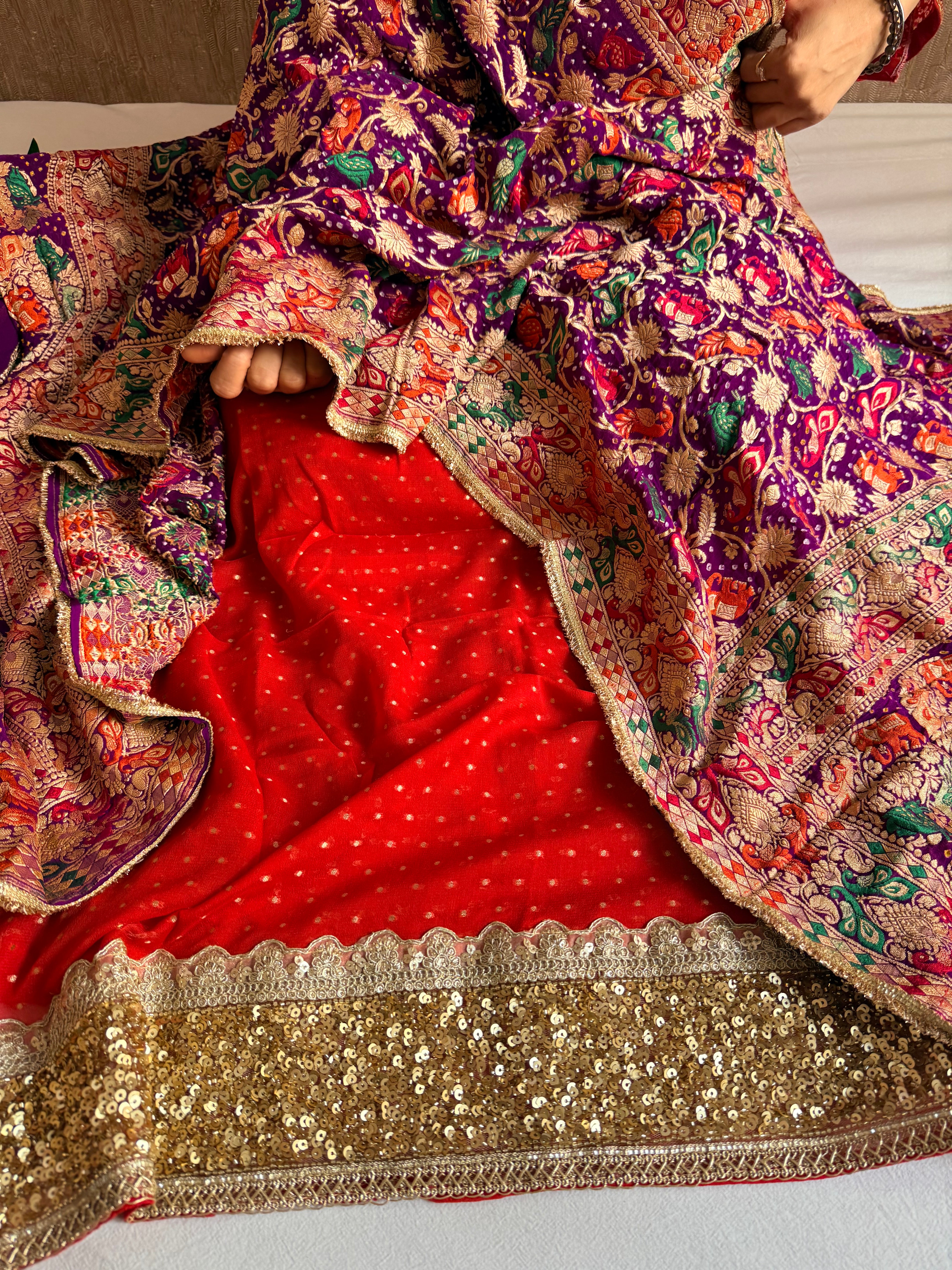 Rai bandhej chiffon gorgette sequin work hand embroidered suit set